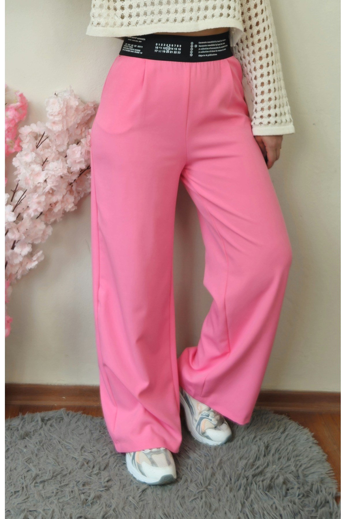 Pembe Beli Lastikli Ve Fermuarlı İthal Kumaş Palazzo Pantolon