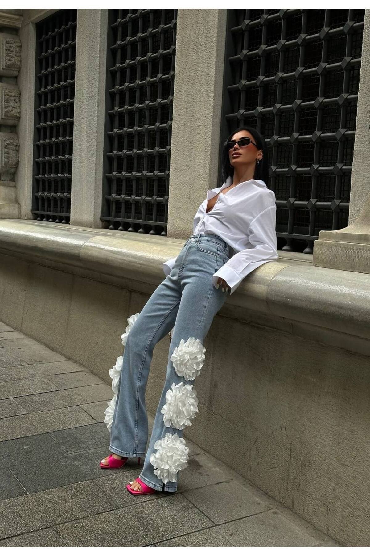Pinterest Tasarım Gül Detaylı Palazzo Kot Pantolon İthal Kumaş