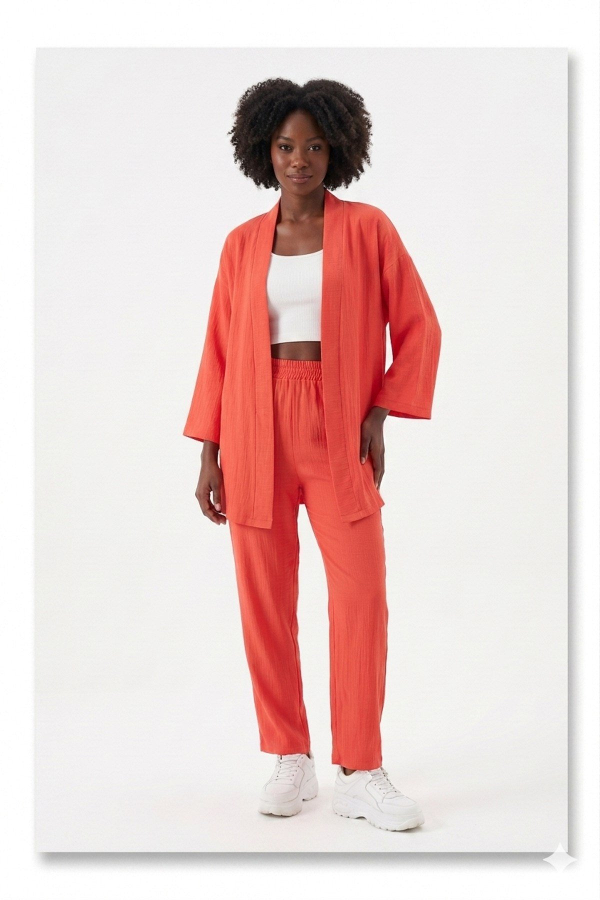Premium Bürümcük Kumaş Salaş Kesim Kimono Ceketli İkili Takım