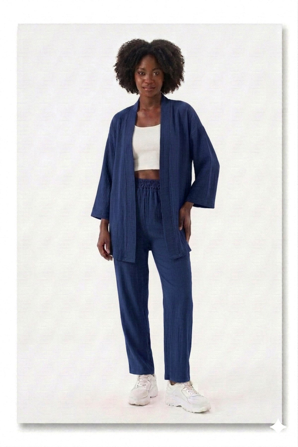 Premium Bürümcük Kumaş Salaş Kesim Kimono Ceketli İkili Takım