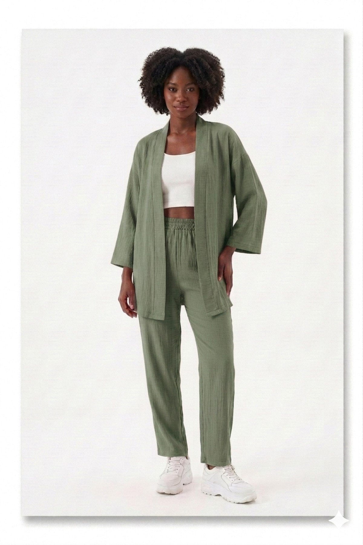 Premium Bürümcük Kumaş Salaş Kesim Kimono Ceketli İkili Takım