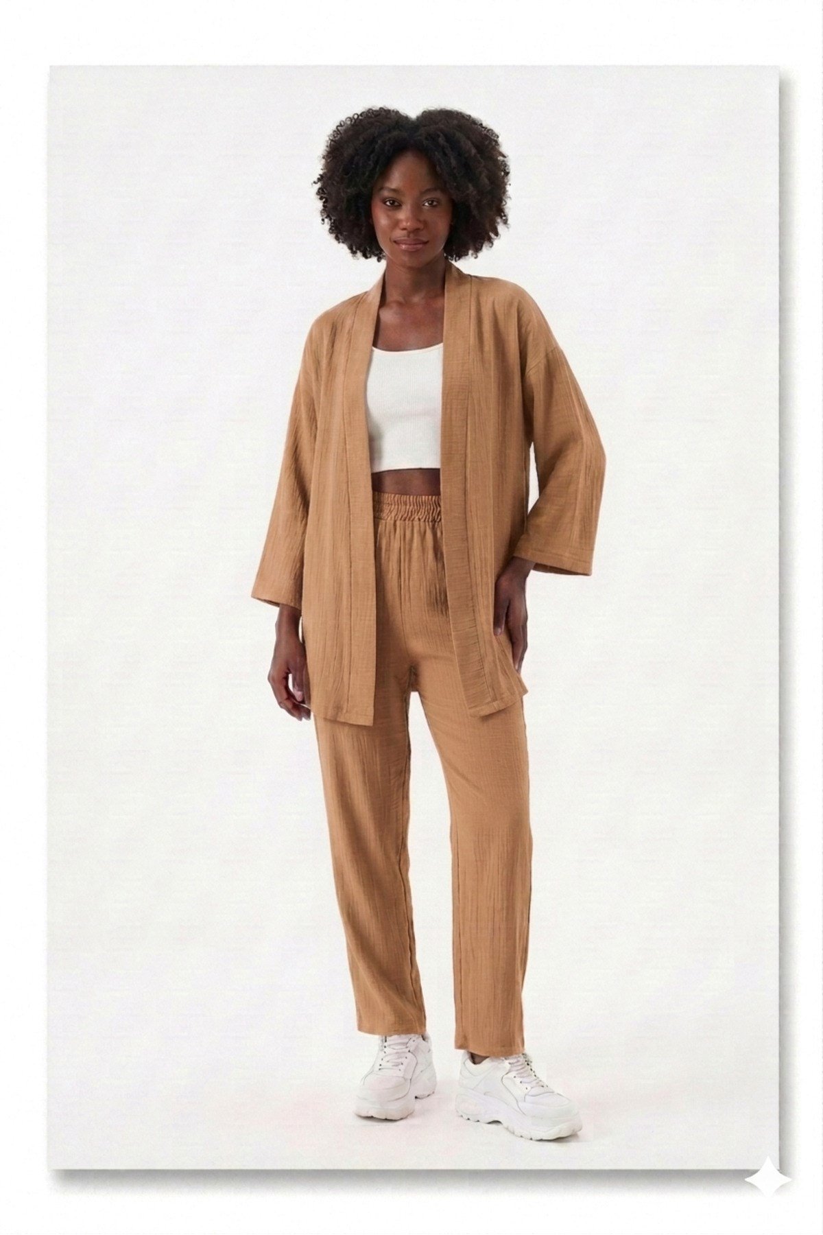 Premium Bürümcük Kumaş Salaş Kesim Kimono Ceketli İkili Takım