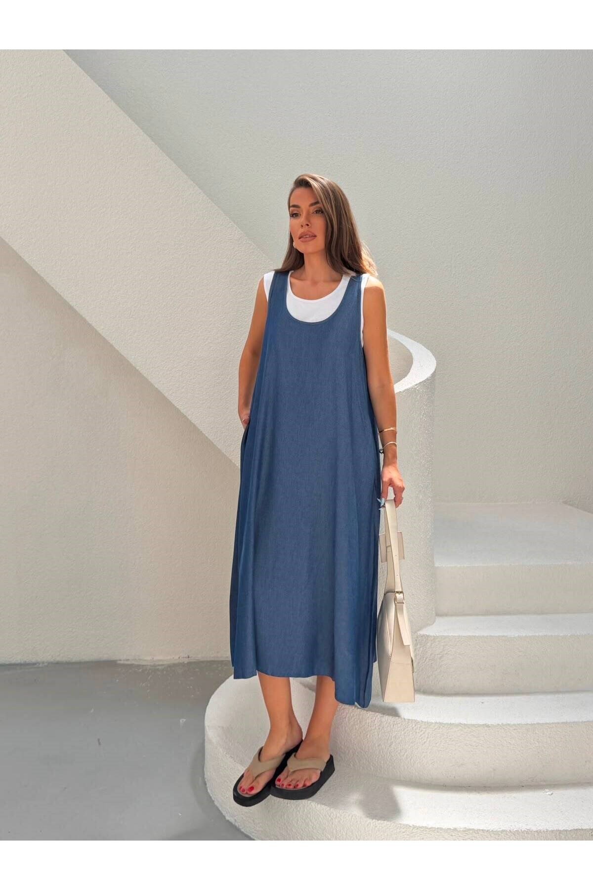 Premium Denim Cepli Salopet Elbise ve Süprem Penye Bluz İkili Takım