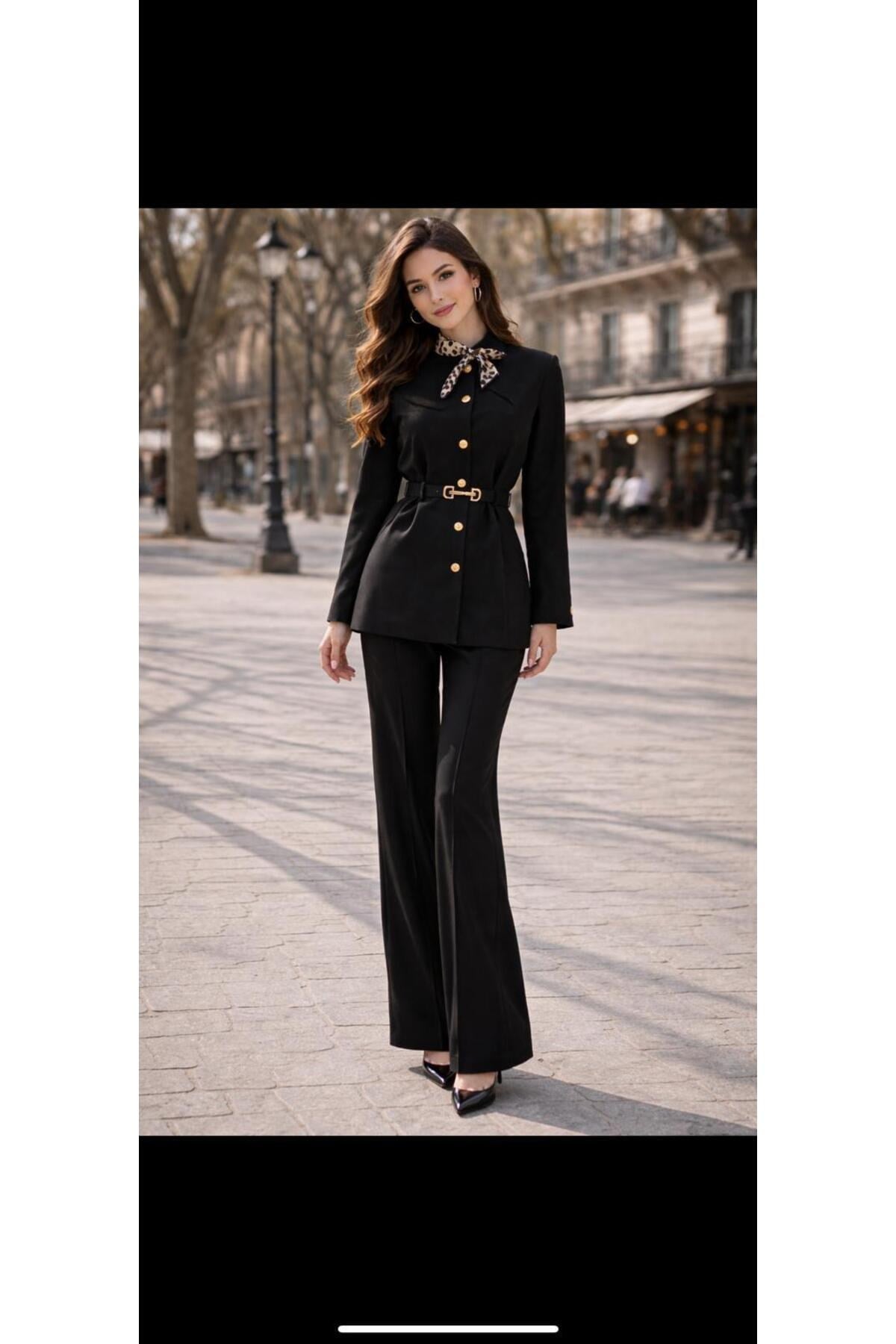 Premium Kemer Detaylı Düğmeli Blazer Ceket ve Yüksek Bel Bol Paça Pantolon Takım