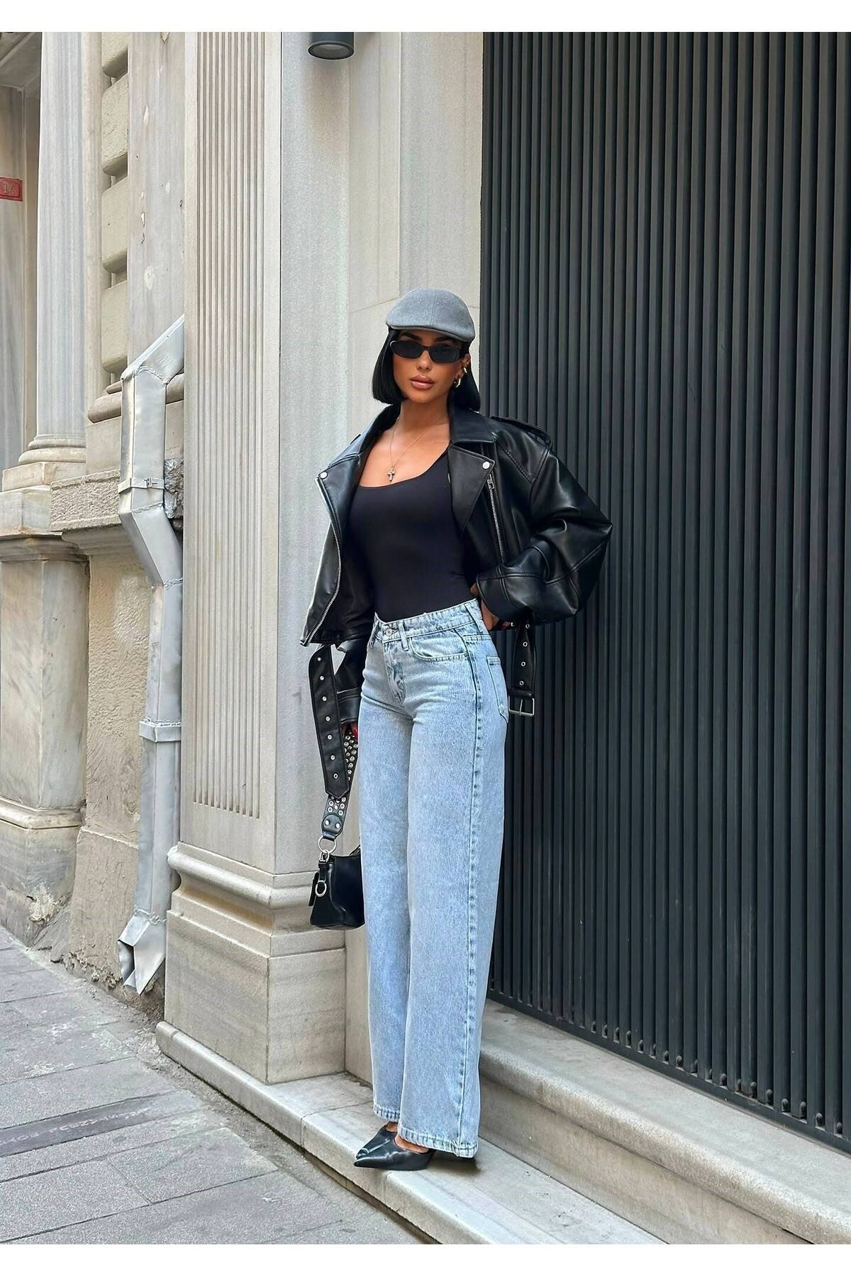 Premium Likrasız Yüksek Bel Rahat Kesim Geniş Paça Denim Jeans Pantolon