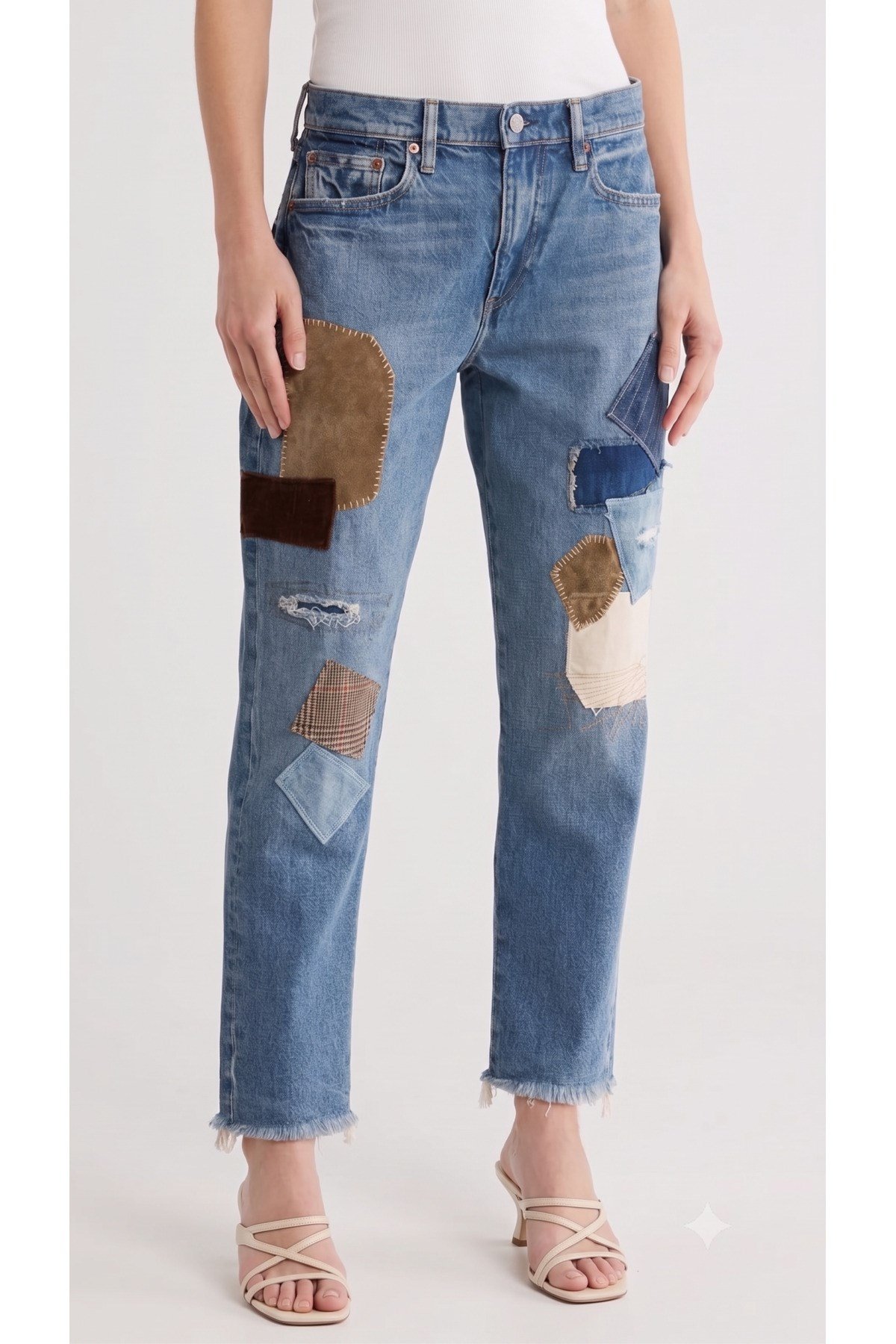 Premium Orijinal Markalı Patchwork Detaylı Yırtık Efektli Denim Jeans Kadın Kot Pantolon