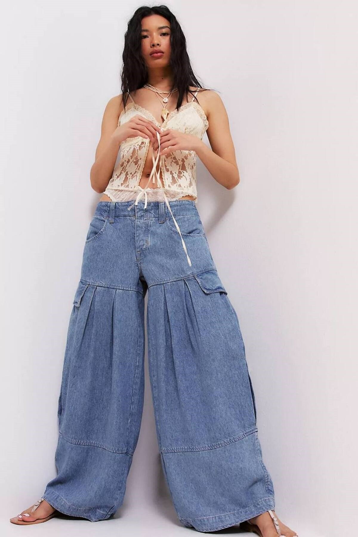 Premium Orijinal Markalı Yüksek Bel Kargo Cepli Bol Paça Denim Jeans Pantolon