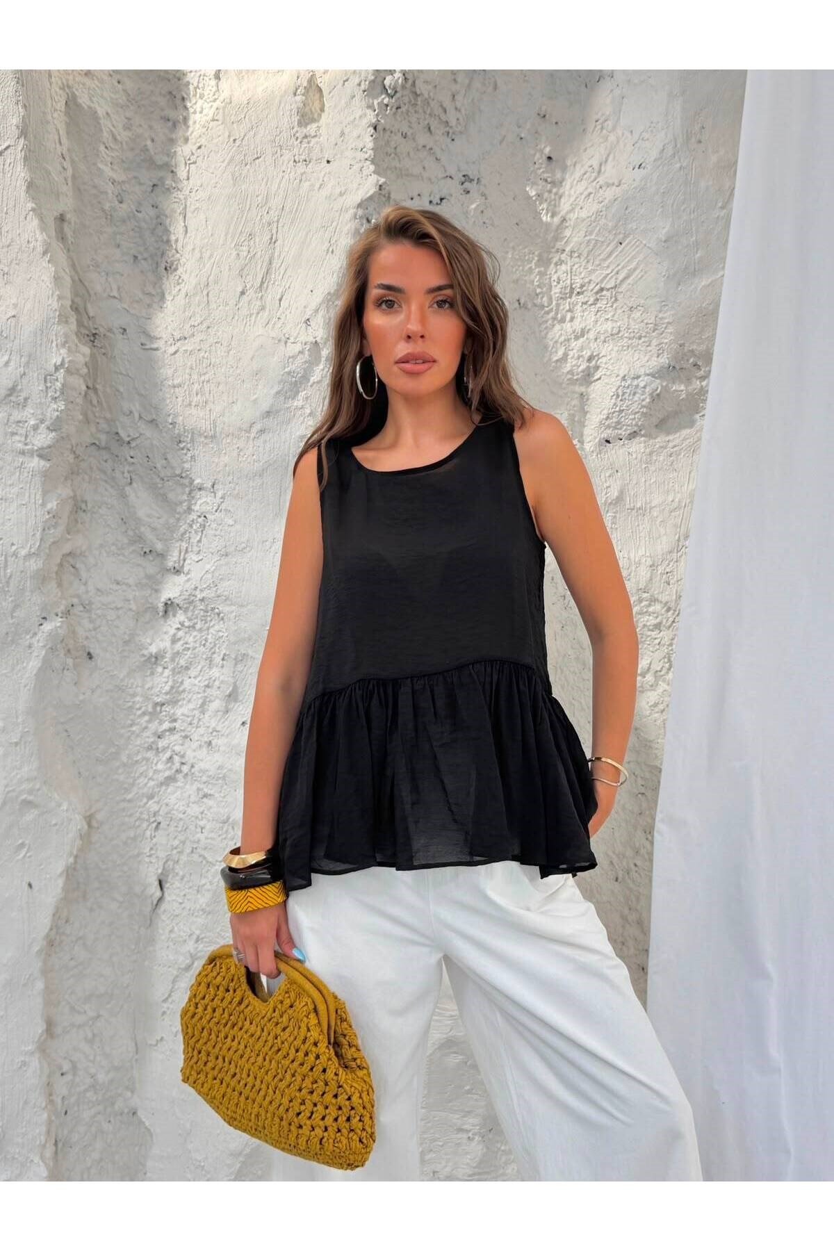 Premium Pamuk Modal Volan Detaylı Salaş Kesim Bluz