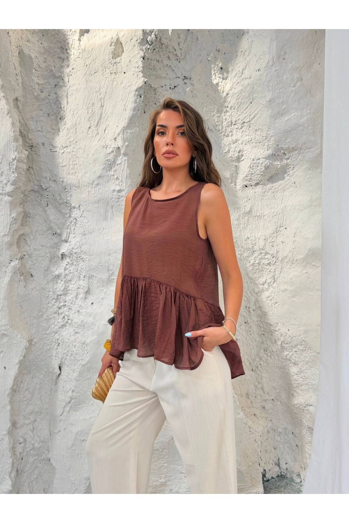 Premium Pamuk Modal Volan Detaylı Salaş Kesim Bluz
