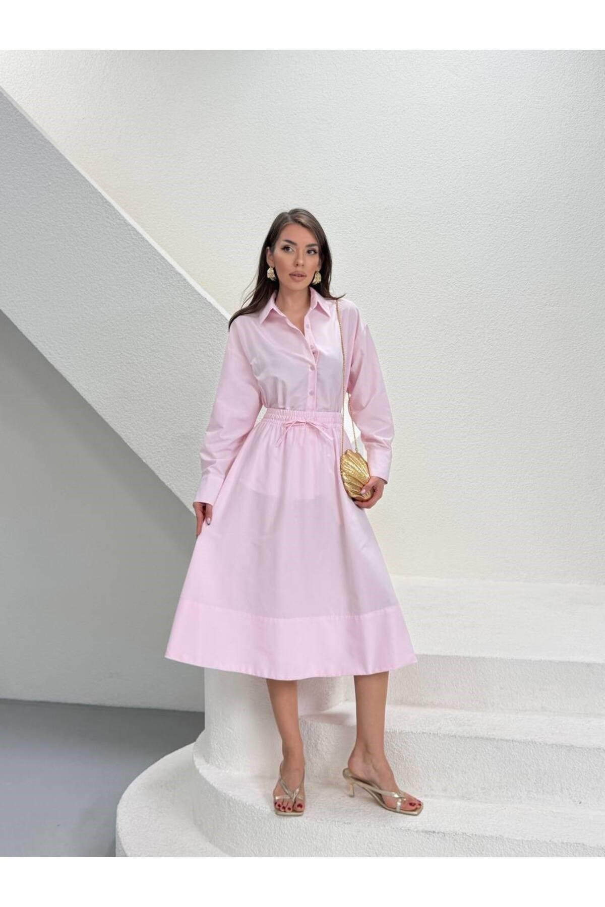 Premium Poplin Kumaş Gömlek Yaka Belden Büzgülü Midi Elbise