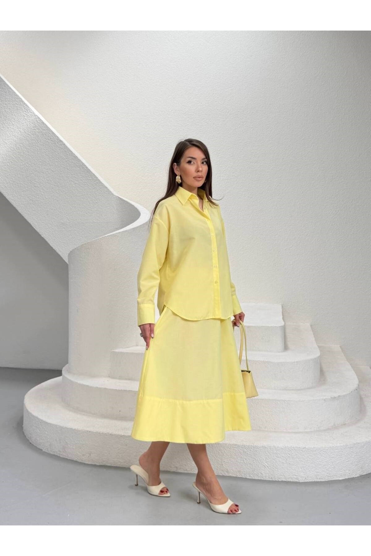 Premium Poplin Kumaş Gömlek Yaka Belden Büzgülü Midi Elbise
