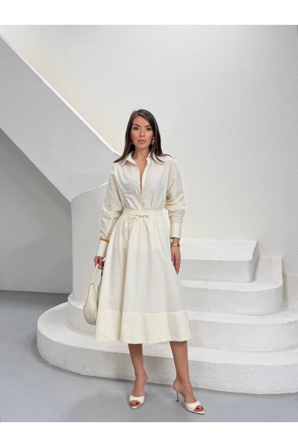 Premium Poplin Kumaş Gömlek Yaka Belden Büzgülü Midi Elbise