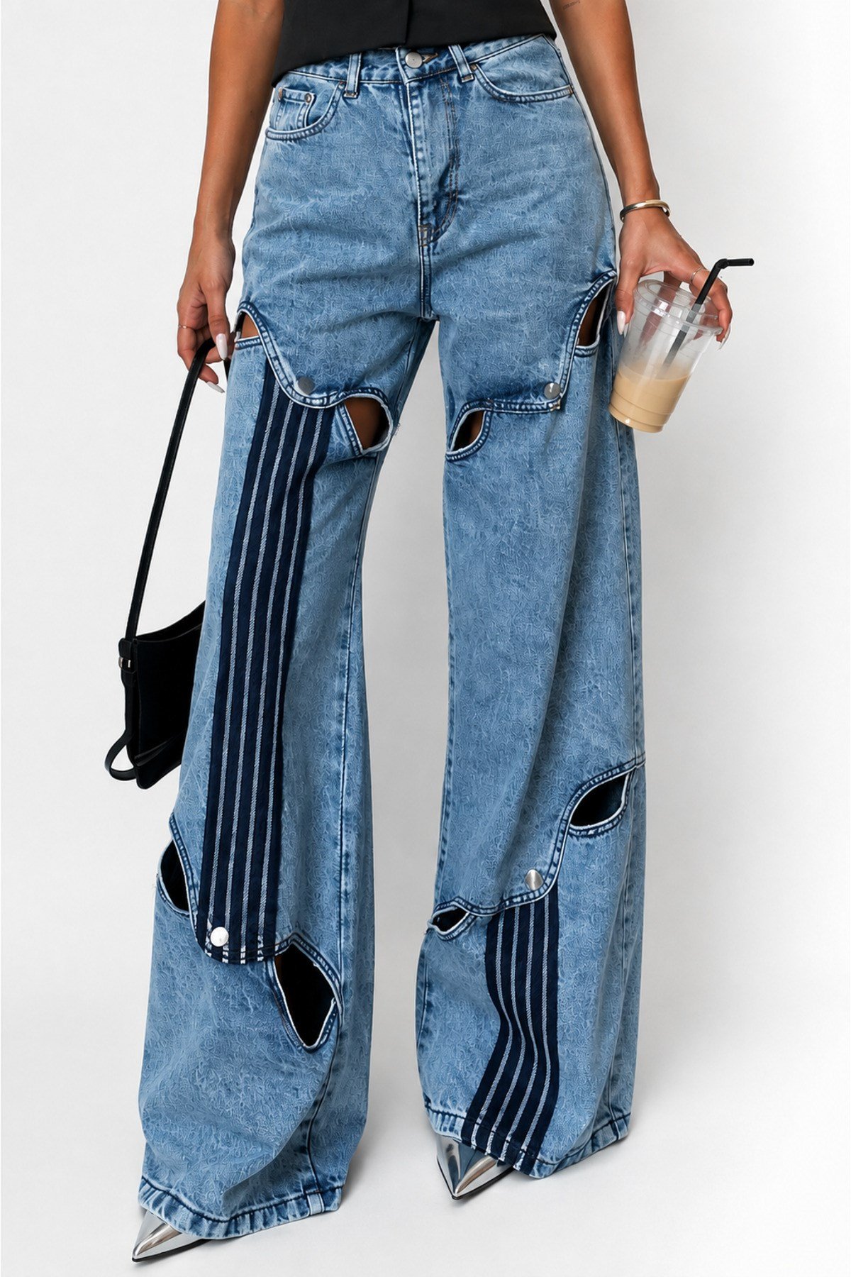 Premium Tasarım Yüksek Bel Bol Paça Kesik Detaylı Denim Jean Pantolon Wide Leg