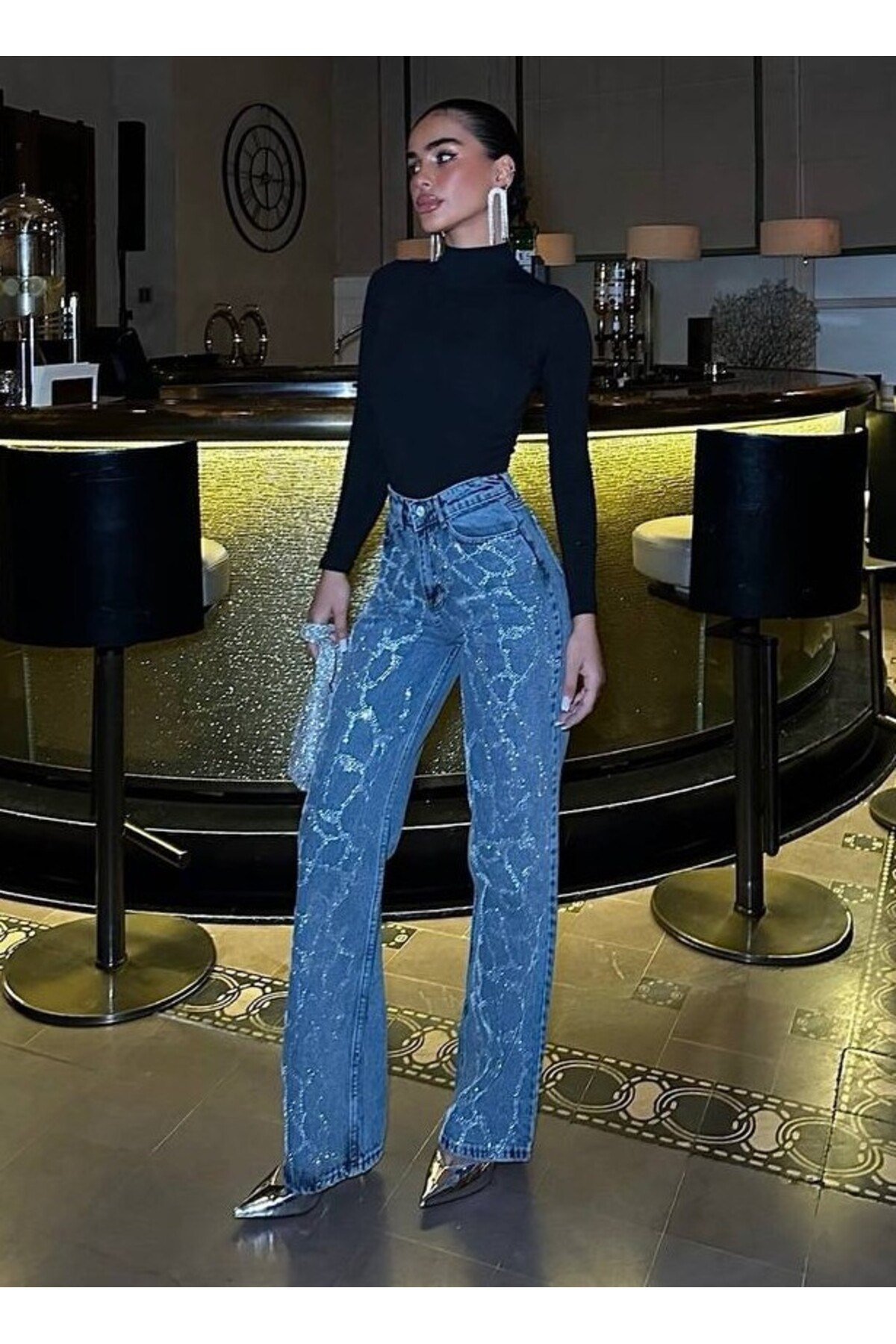 Tasarım Pinterest Model Kot Pantolon Jeans İthal Kumaş Kalite Palazzo Pantolon Taş Baskılı