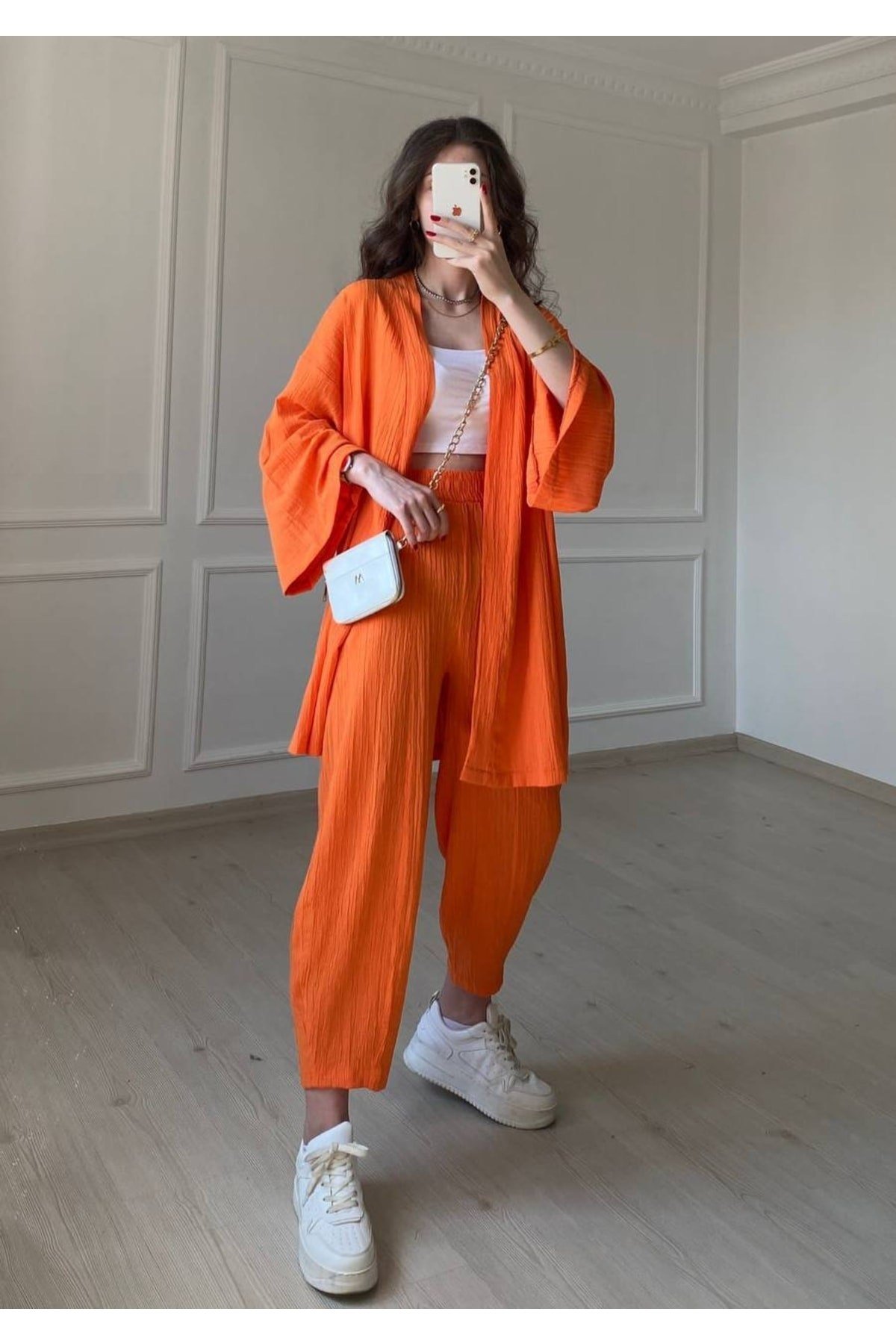 Turuncu Gofre Kimono-pantolon Takım