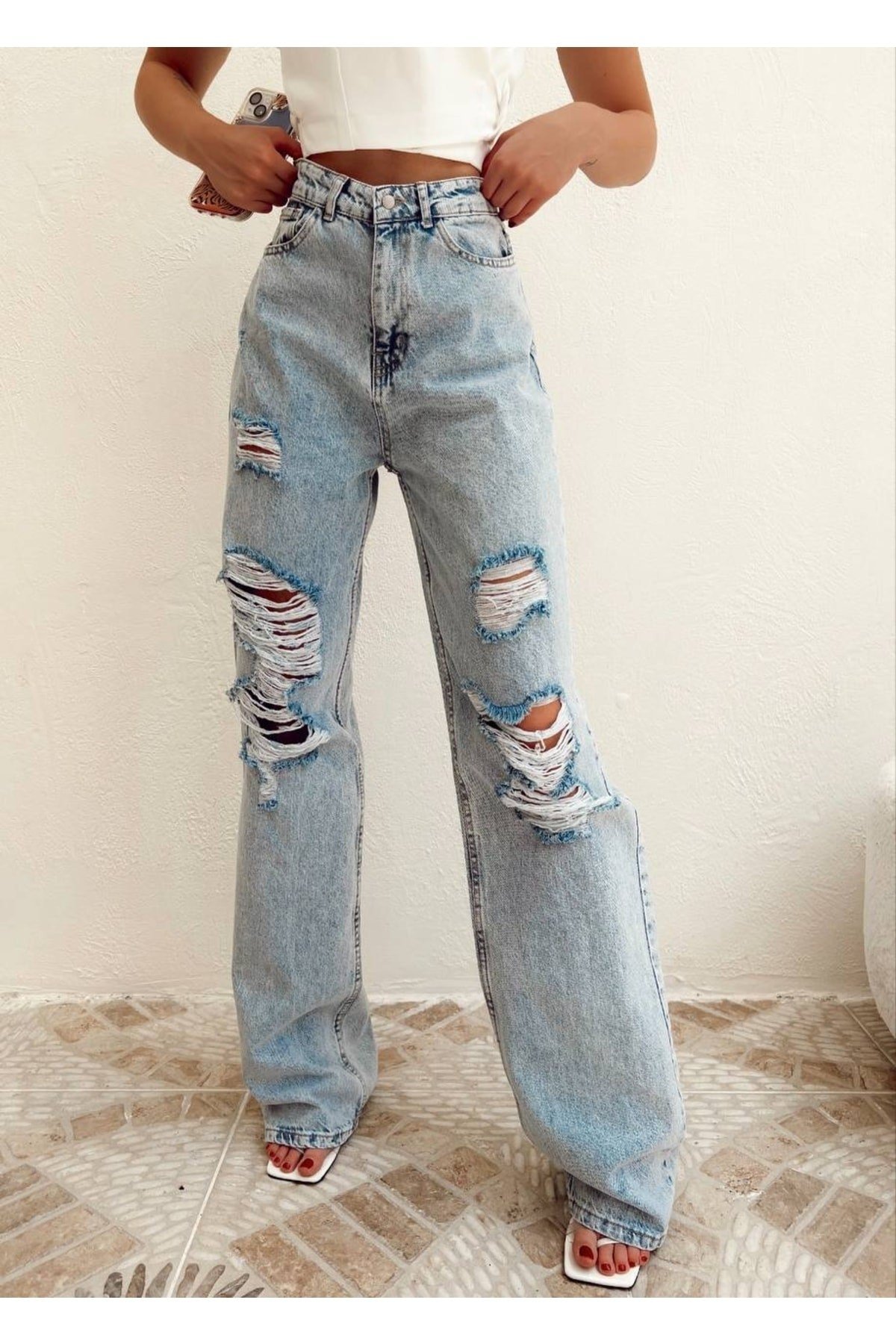 Yırtık Bol Paça Jean-kot Pantolon-buz Mavi