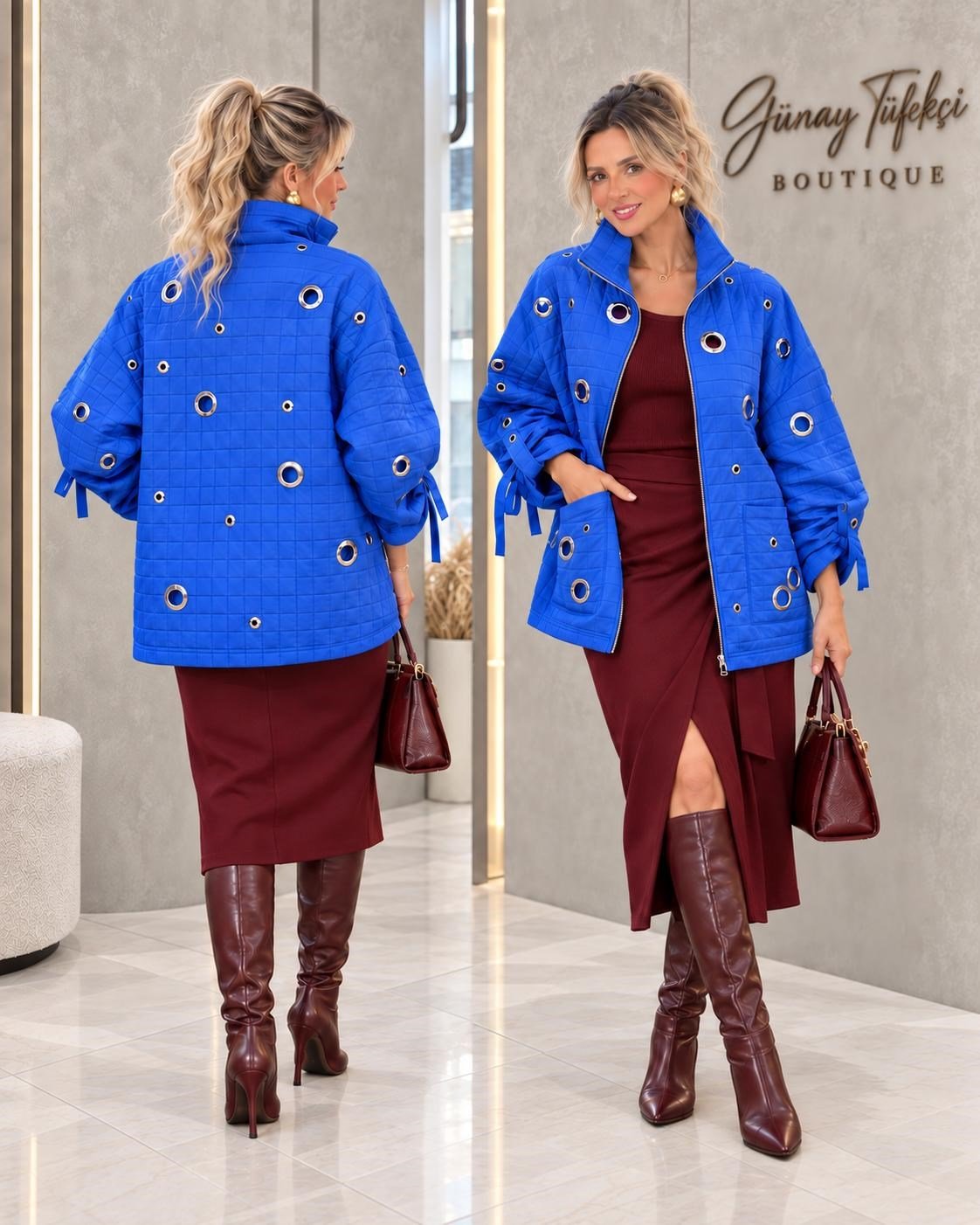 Kuş Gözü Detaylı Kapitone Mont Saks