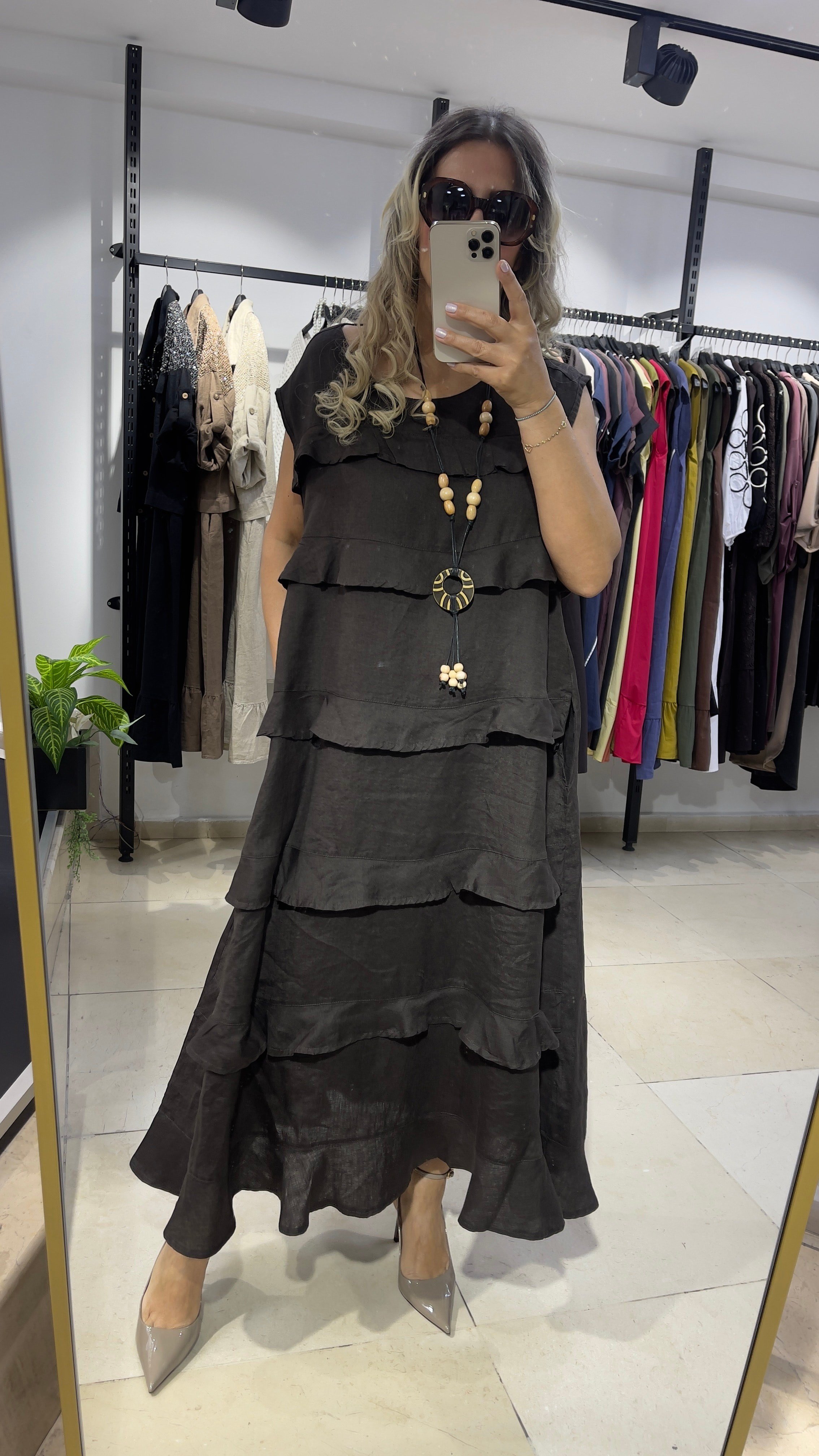 Lina Volanlı Keten Maxi Elbise