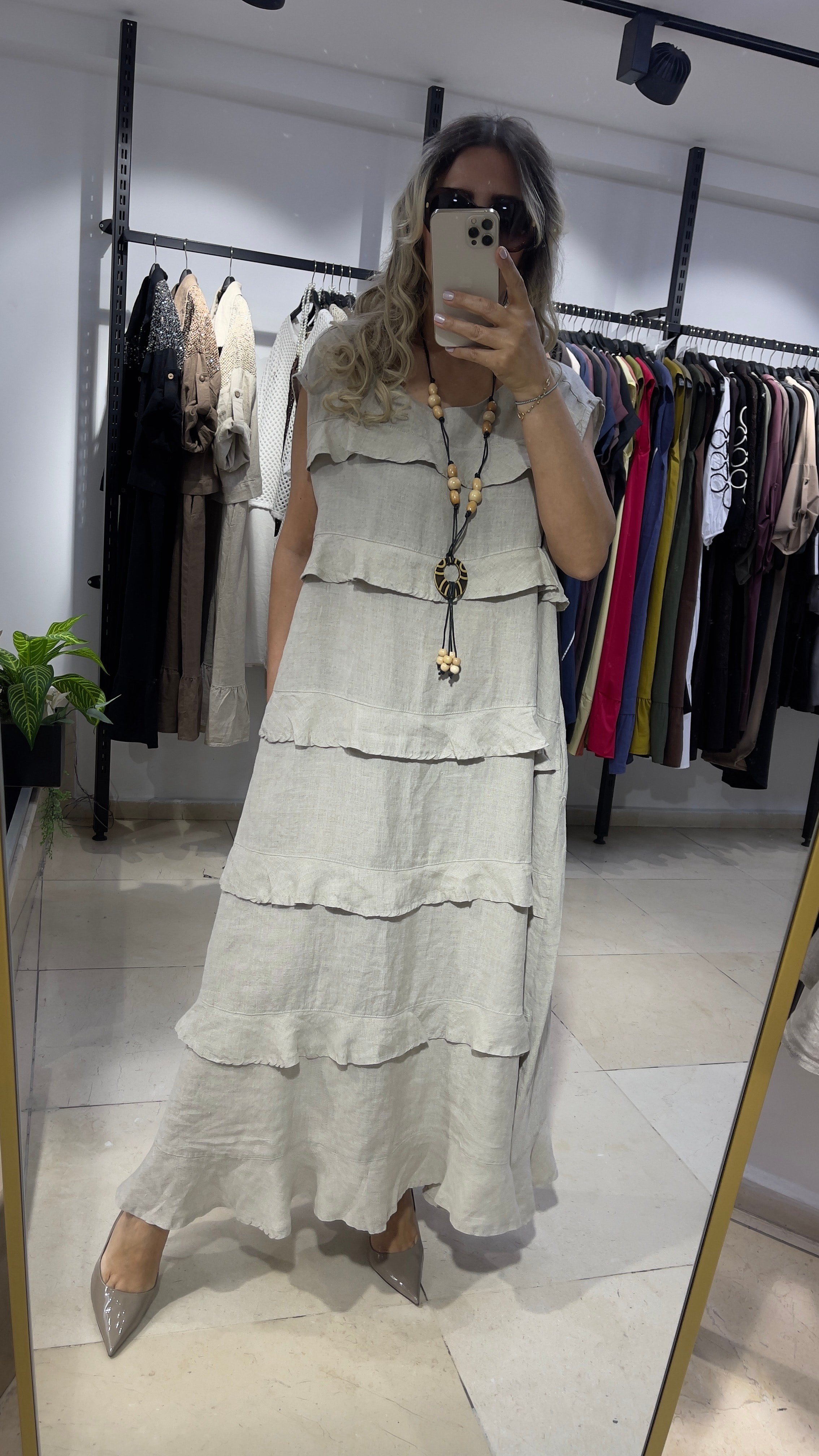 Lina Volanlı Keten Maxi Elbise