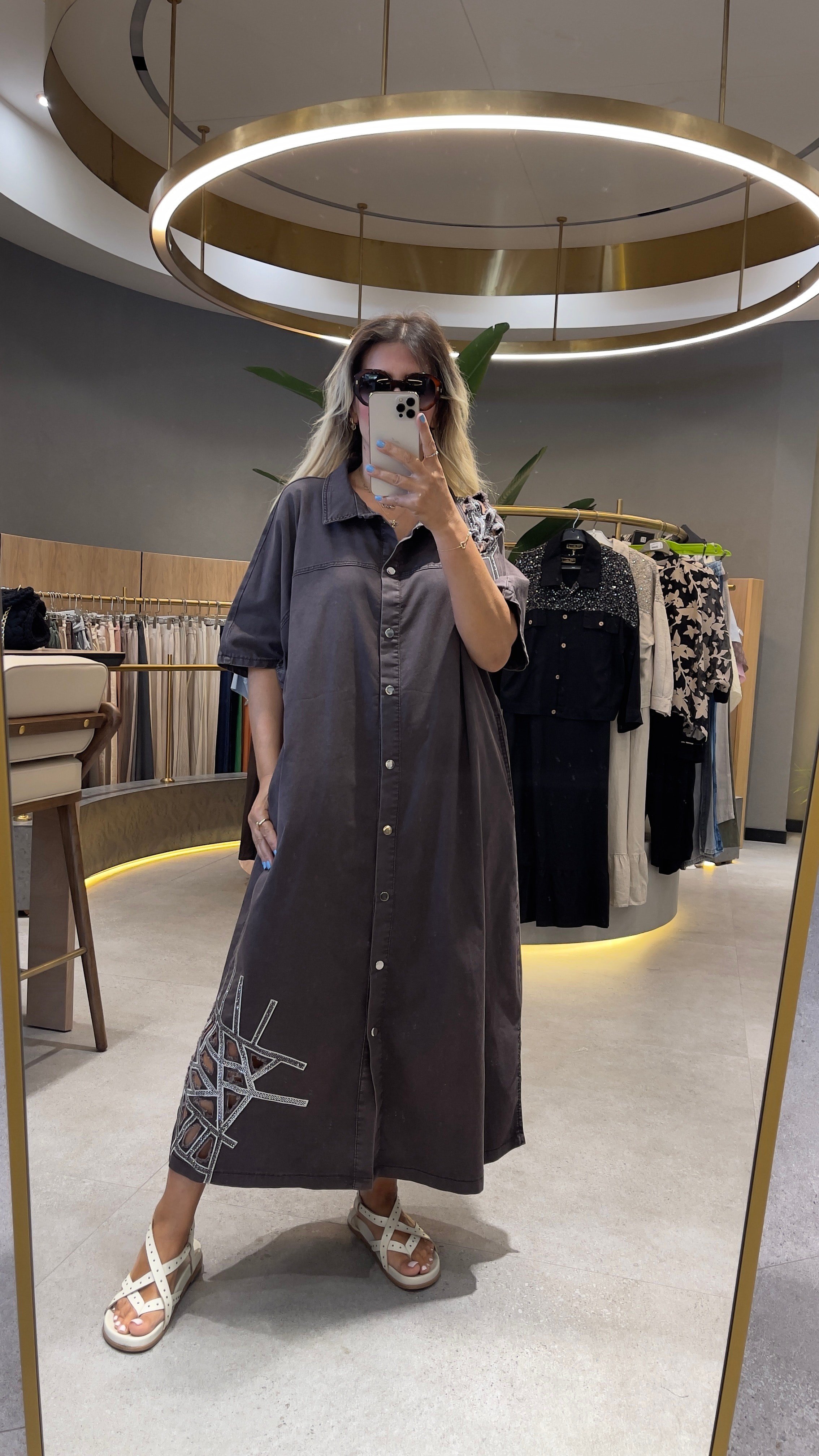 Liora Geometrik Nakış  Detaylı Denim Elbise