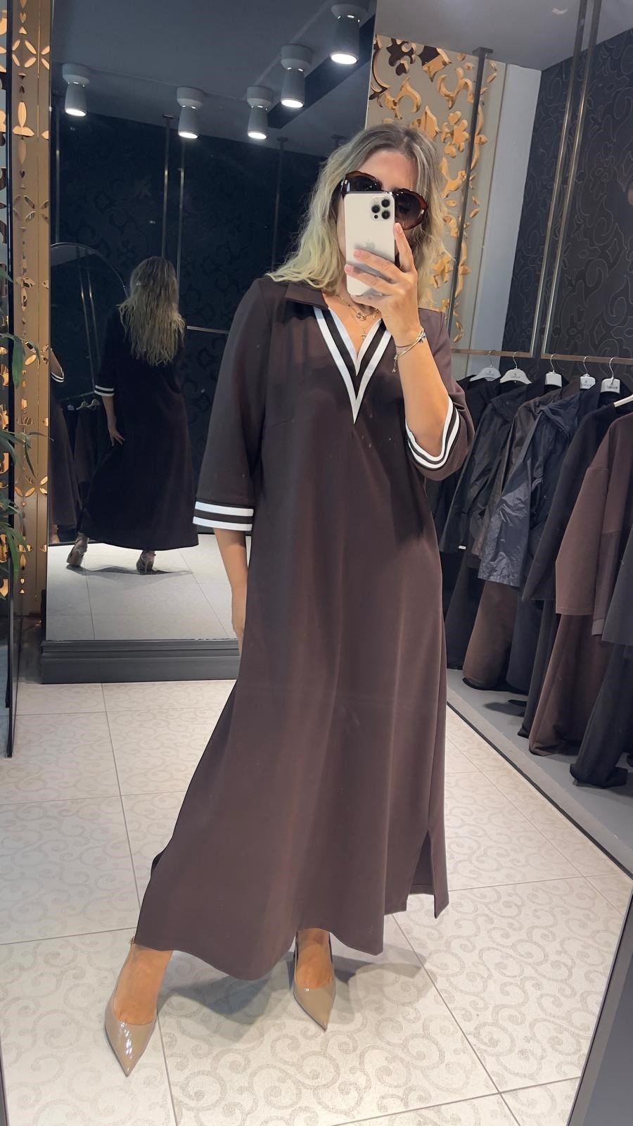 Polo Yaka Ribana Detaylı Büyük Beden Elbise Kahve