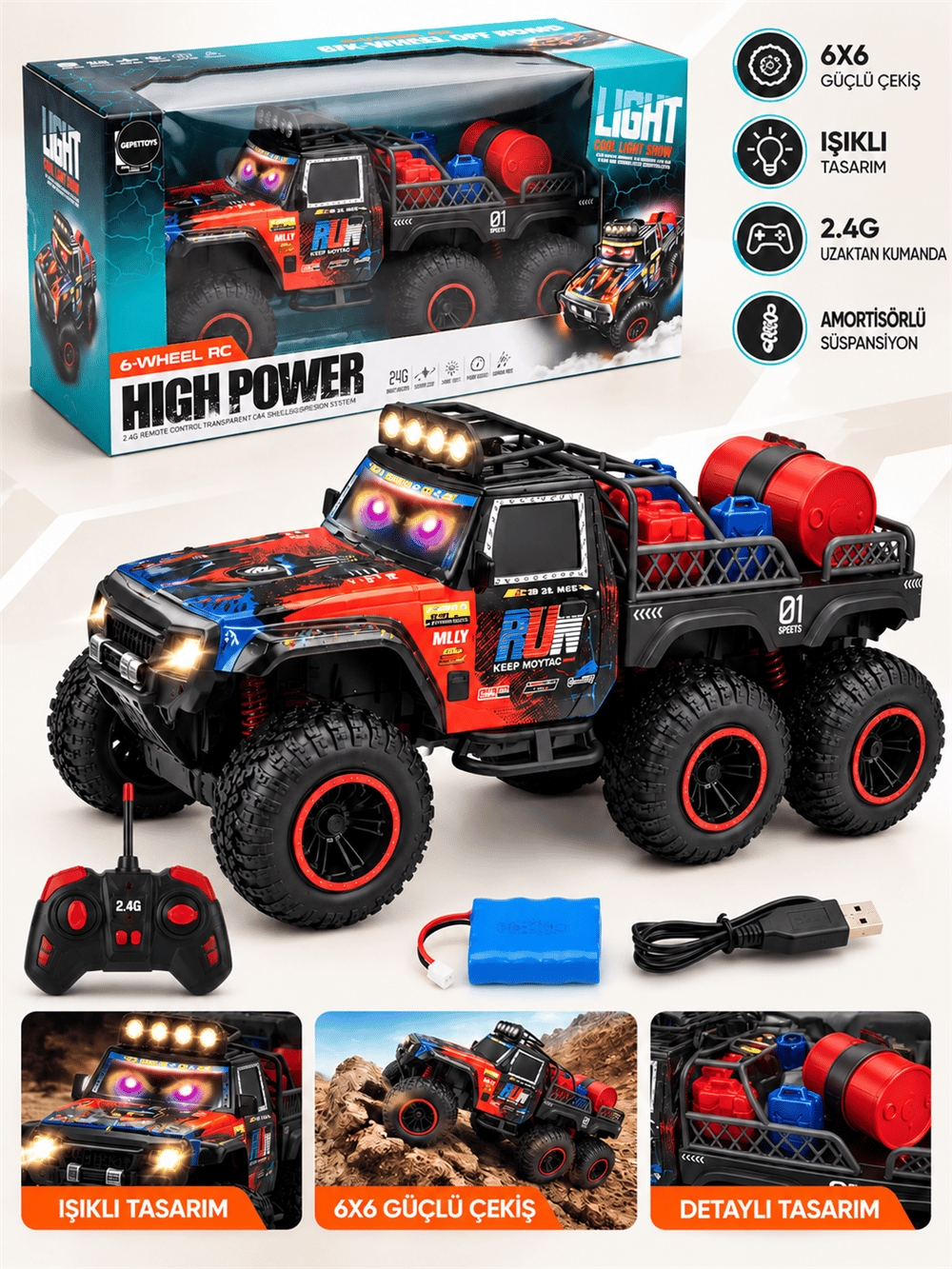 GPT-6026GPT-6026 2.4G 6X6 GOZ ISIKLI DEV JEEP 2