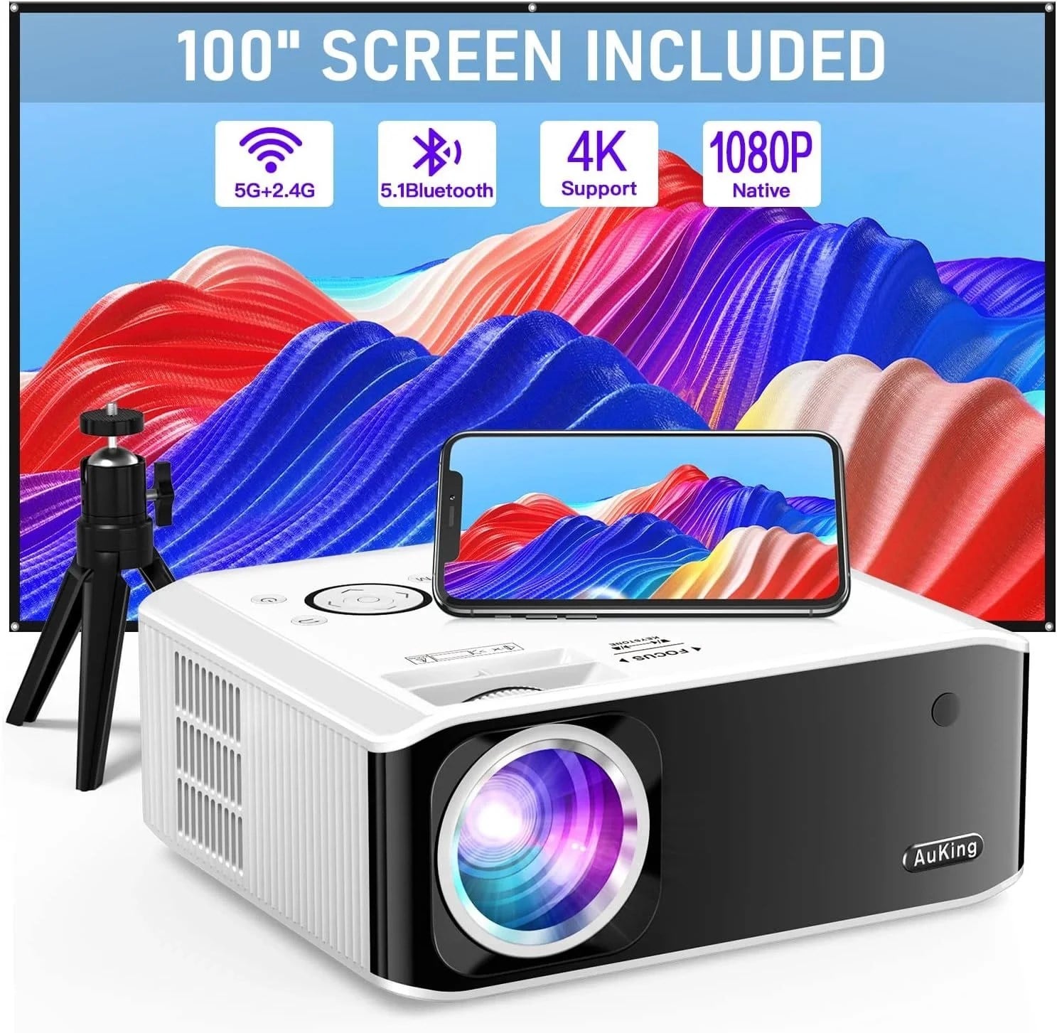 AuKing Projektör, Yerel 1080P 4K Projektör - WiFi ve Bluetooth Özellikli