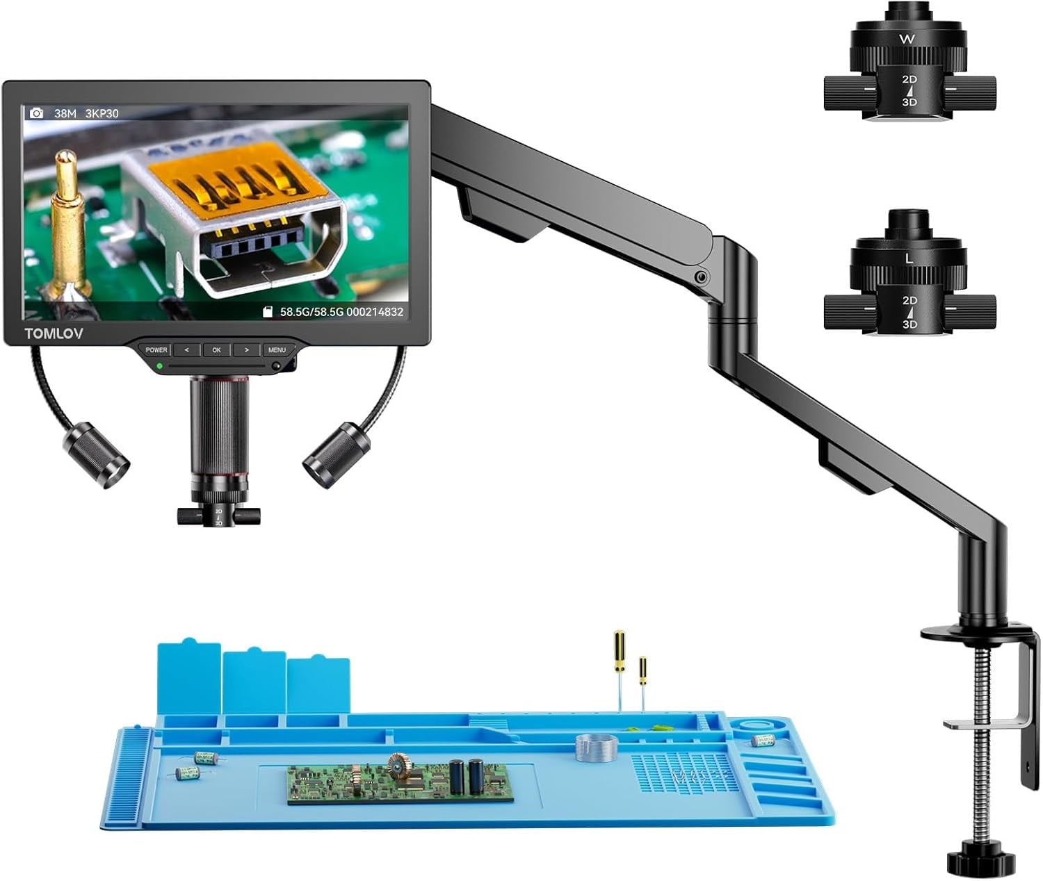 TOMLOV TM3K-3D IPS Dijital Mikroskop, Manyetik Çift Lensli 3K UHD HDMI/USB