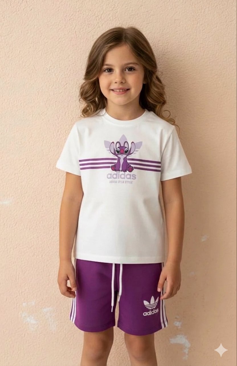 Beyaz Fuşya Karakter Desenli Tshirt-Şort Takım