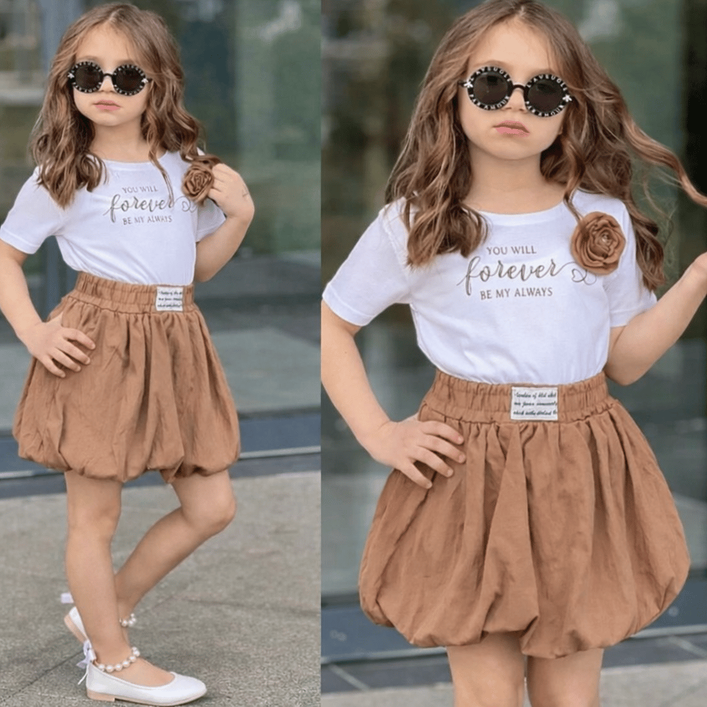 Kız Çocuk Kahverengi Gül Detaylı Tshirt-Balon Etek Takım