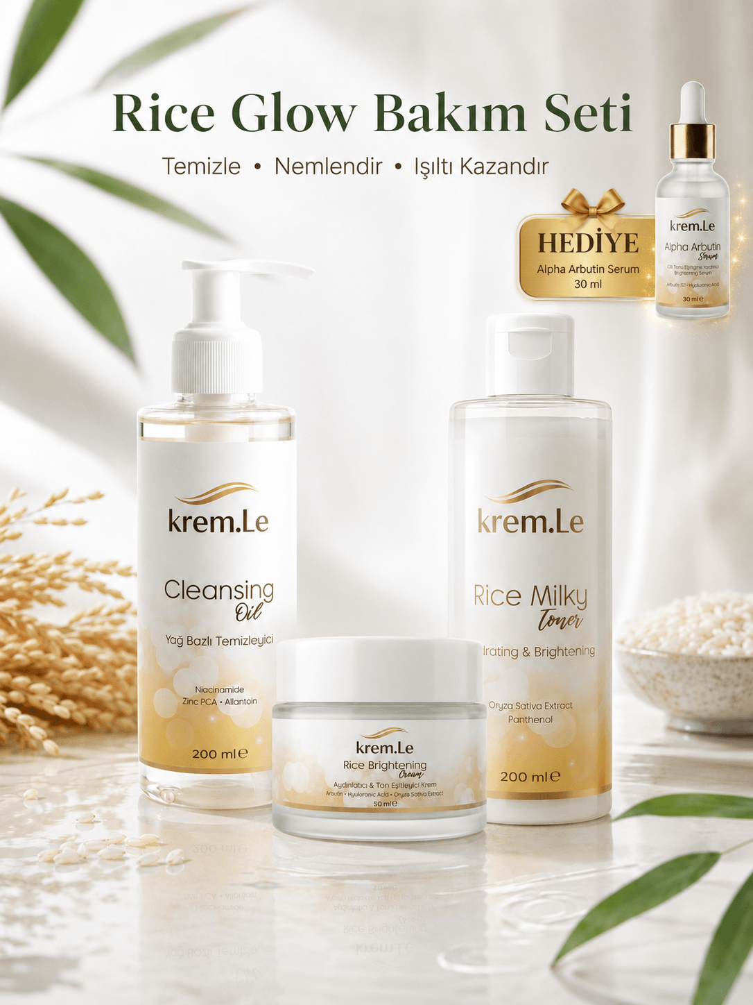Rice Glow 3'lü Temizleyici Nemlendirici Aydınlatıcı Bakım Seti | Cleansing Oil + Rice Milky Toner + Rice Brightening Cream