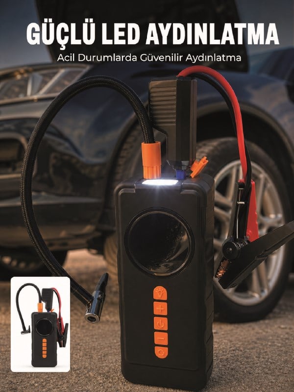 10000mAh Şarjlı Araç Kompresörü Akü Takviye Cihazı Powerbank Özellikli Dijital Lastik Şişirme Pompası