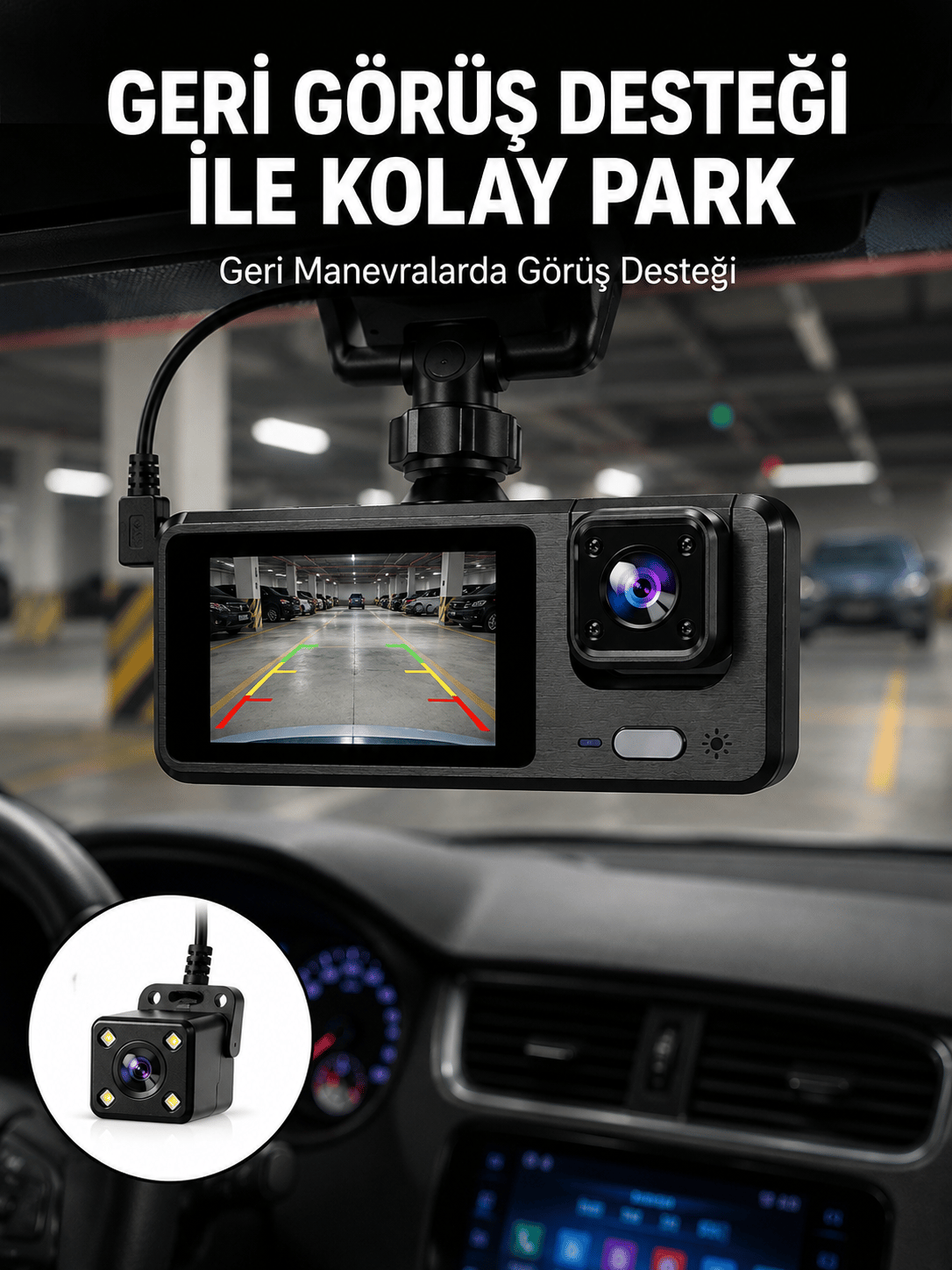 1080P 3 Kameralı Araç DVR – Döngü Kayıt ve Geri Görüş Özellikli Yeni Nesil