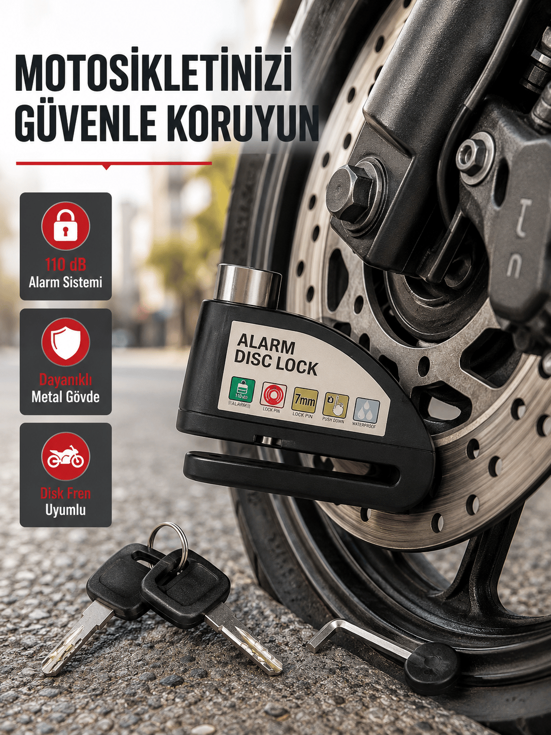 110 dB Alarmlı Disk Fren Kilidi Su Geçirmez Çelik Gövde Motosiklet Güvenlik
