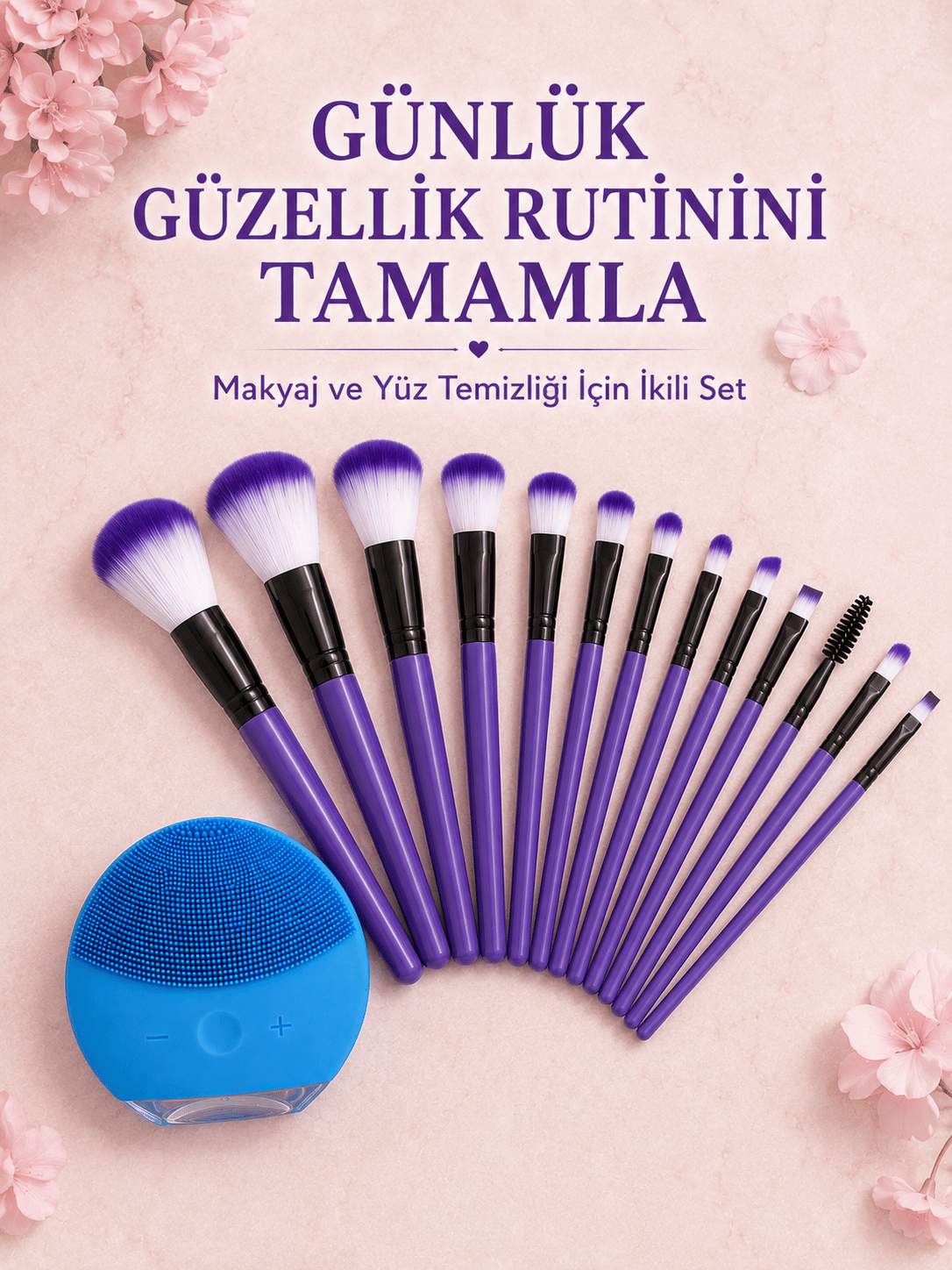 12 Parça Makyaj Fırçası ve Silikon Yüz Temizleyici Cihaz İkili Güzellik ve Kişisel Bakım Seti