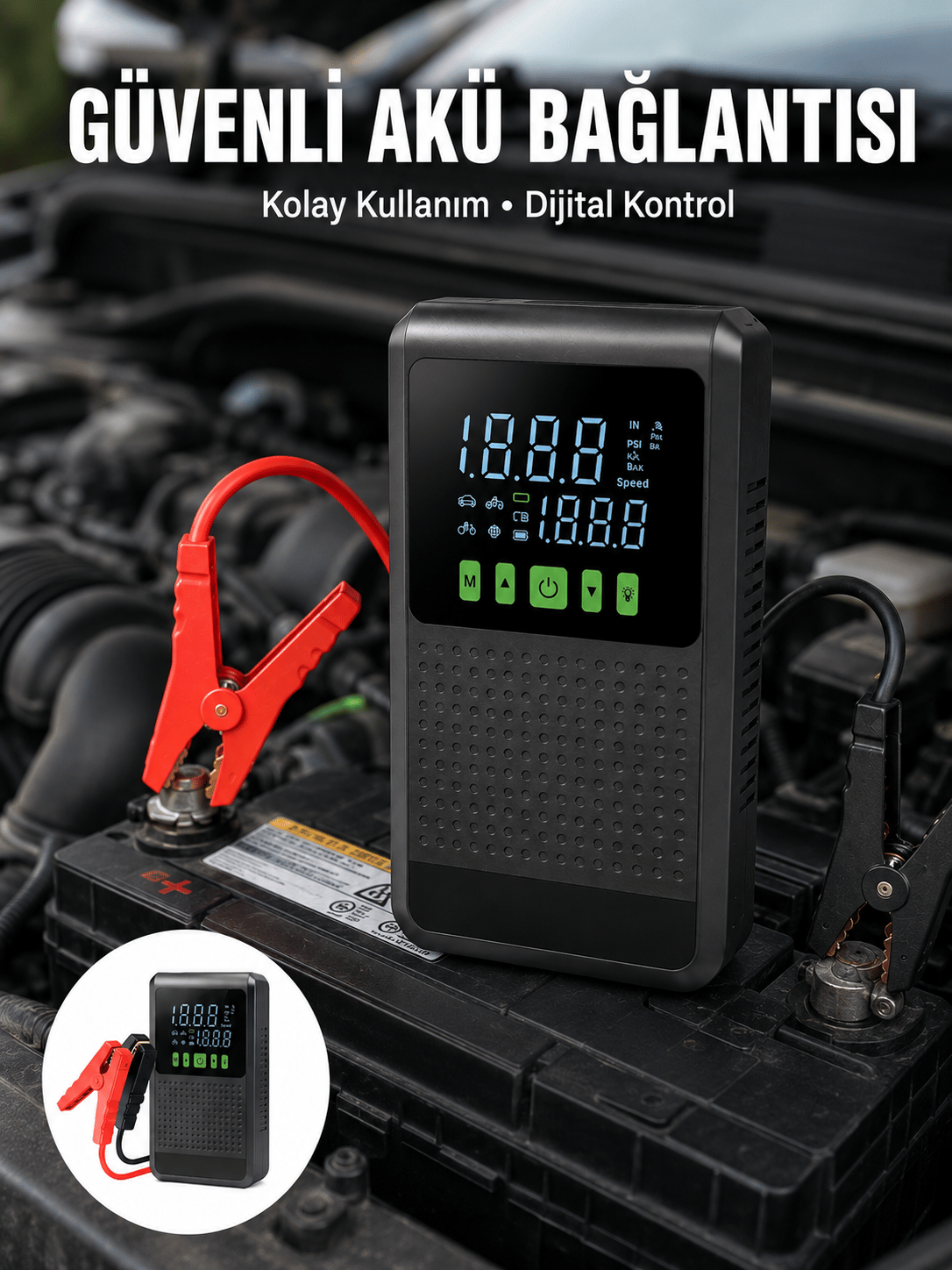 12.000 mAh Şarjlı Araç Akü Takviye ve Işıklı Hava Kompresörü Yeni Nesil