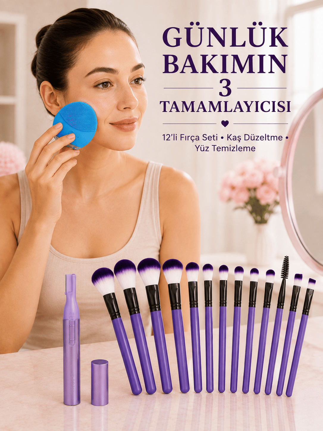 12’li Makyaj Fırça Seti Kaş Düzeltme Cihazı ve Yüz Temizleme Cihazı 3’lü Kadın Güzellik ve Bakım Seti