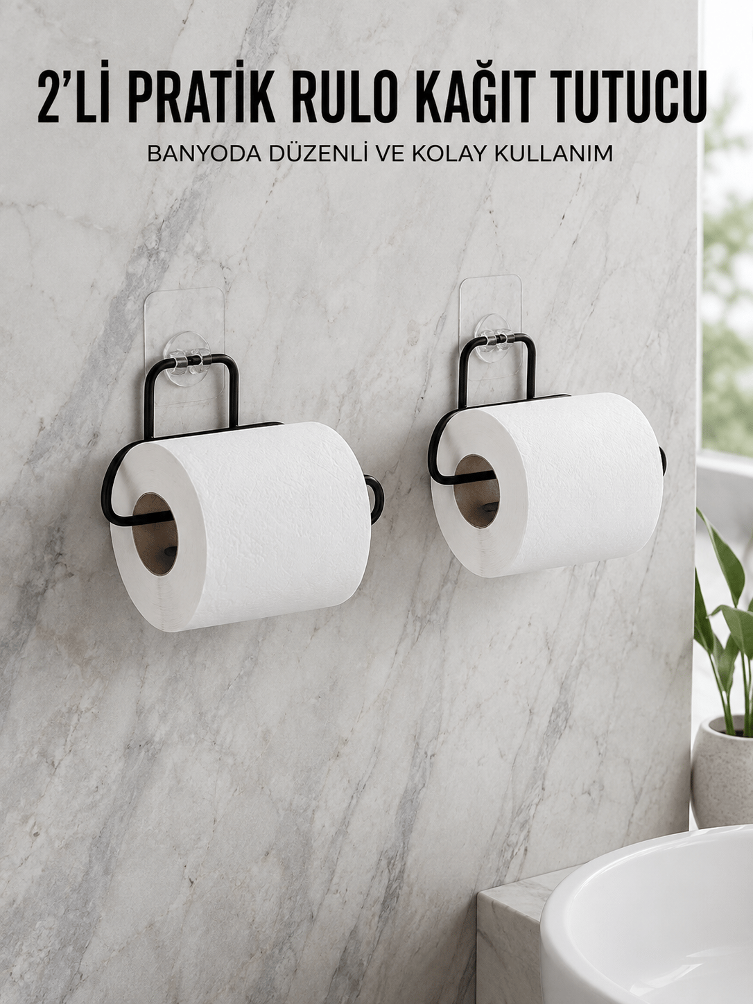 2 Adet Siyah Yapışkanlı Kağıtlık Duvar Tipi Tuvalet Kağıdı ve Rulo Tutucu