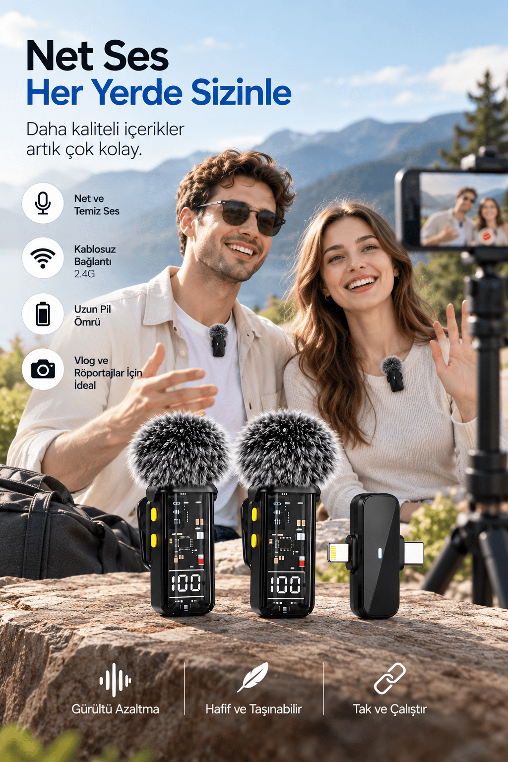 2.4G Kablosuz Çift Mikrofonlu Yaka Mikrofonu İçerik Üretim Seti