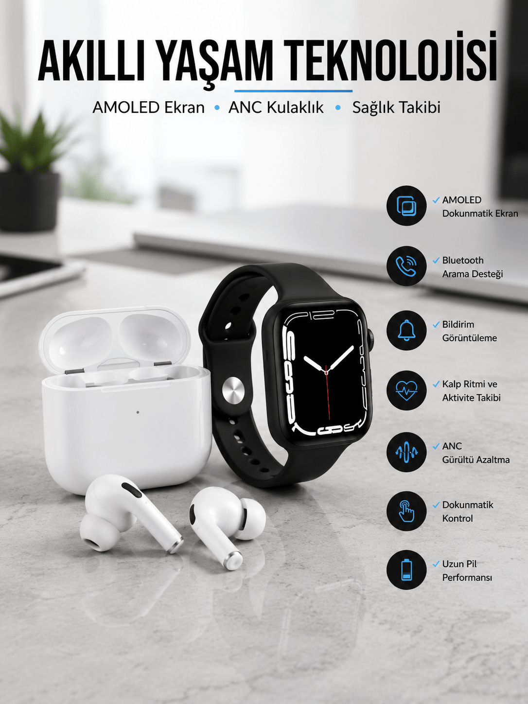 2025 Model Akıllı Saat ve Yeni Nesil Pro Bluetooth Kulaklık TWS Yüksek Ses Kaliteli