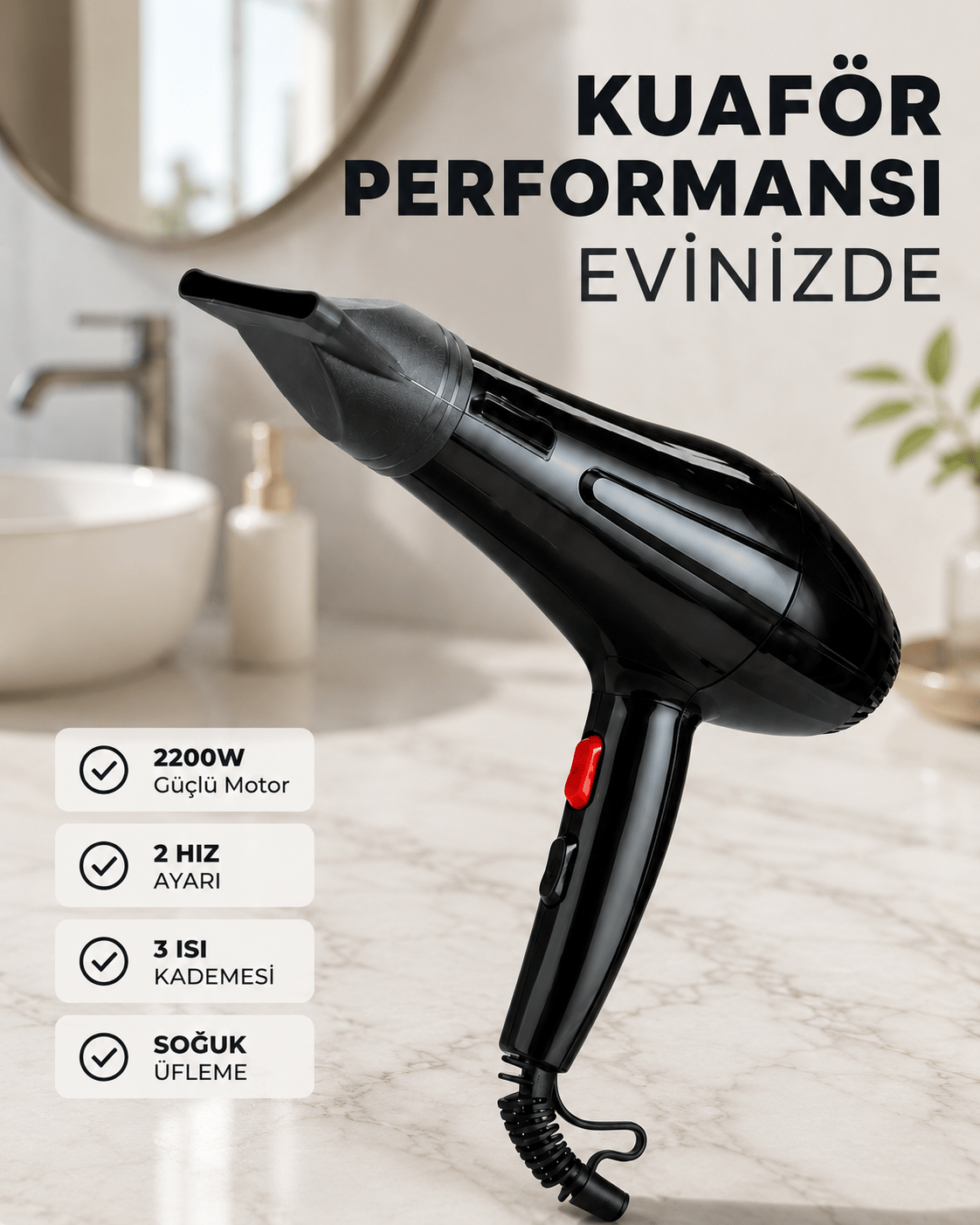 2200W Saç Kurutma Makinesi Soğuk ve Sıcak Üfleme Fonksiyonlu