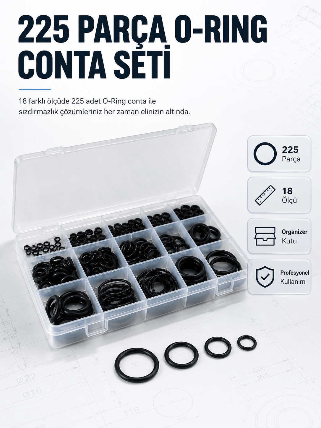 225 PCS O-Ring Conta Seti Profesyonel Tamir, Bakım ve Sızdırmazlık Çözümü