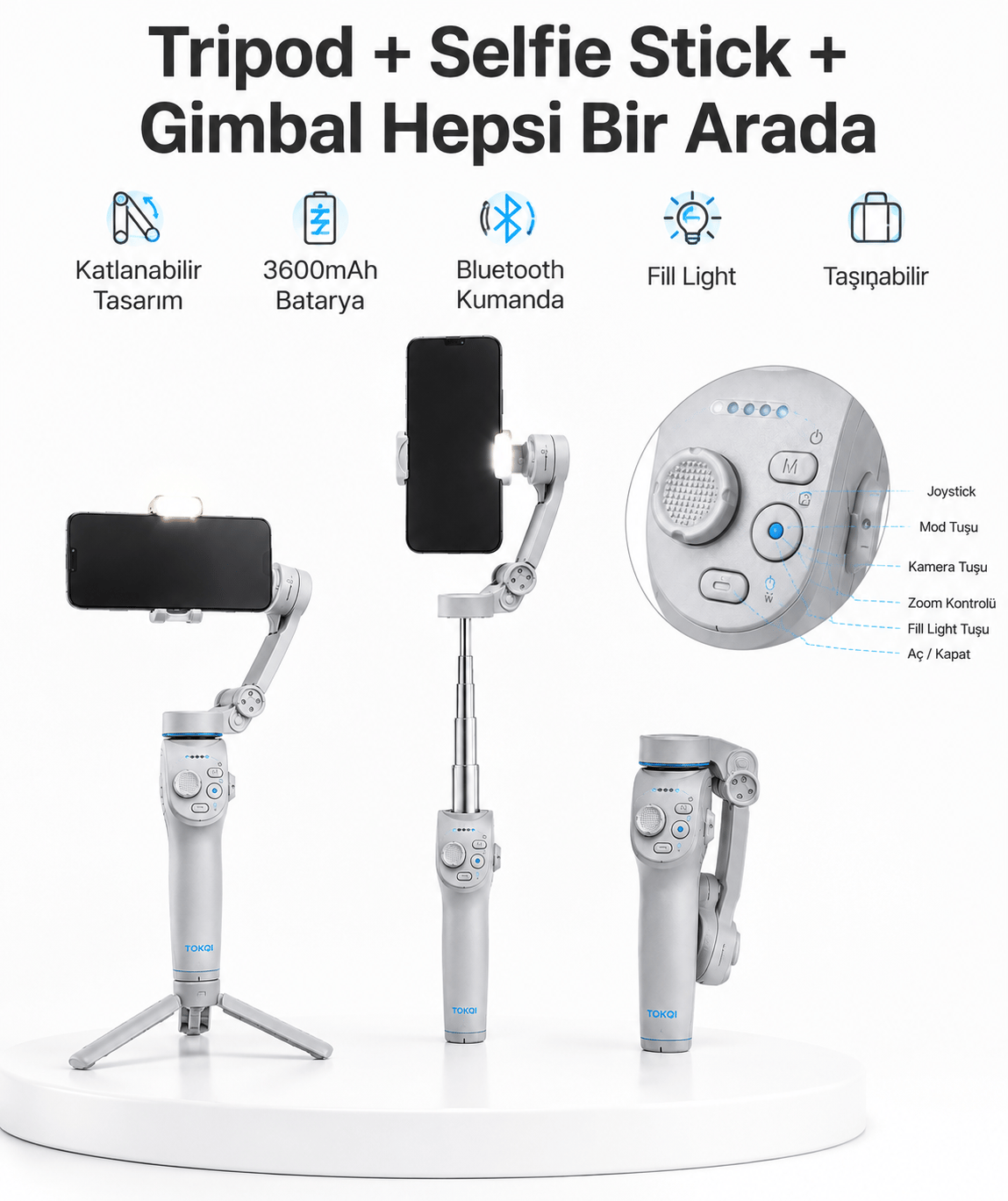3 Eksen Telefon Gimbal Stabilizer Yapay Zeka Takipli Katlanabilir Dahili Dolgu Işıklı Video Sabitleyici