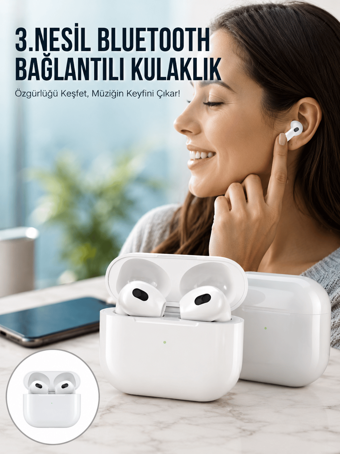 3.Nesil İOS Android Uyumlu Bluetooth 5.0 Beyaz Çağrı Cevaplama