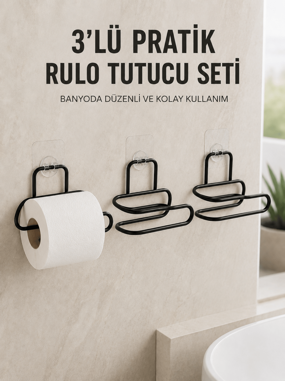 3’lü Yapışkanlı Tuvalet Kağıdı Tutucu Seti Siyah Duvar Tipi Rulo Kağıtlık