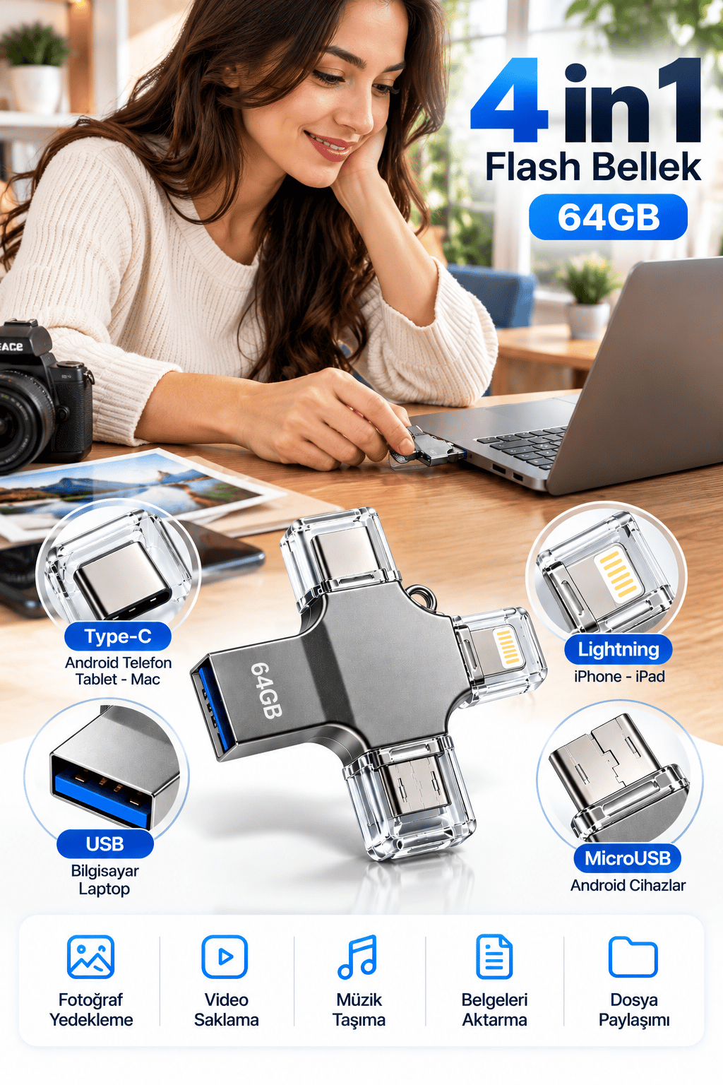 4 Farklı Bağlantı Noktasıyla Telefon ve Bilgisayar Arasında Kolay Veri Aktarımı Sağlayan 64GB Flash Bellek