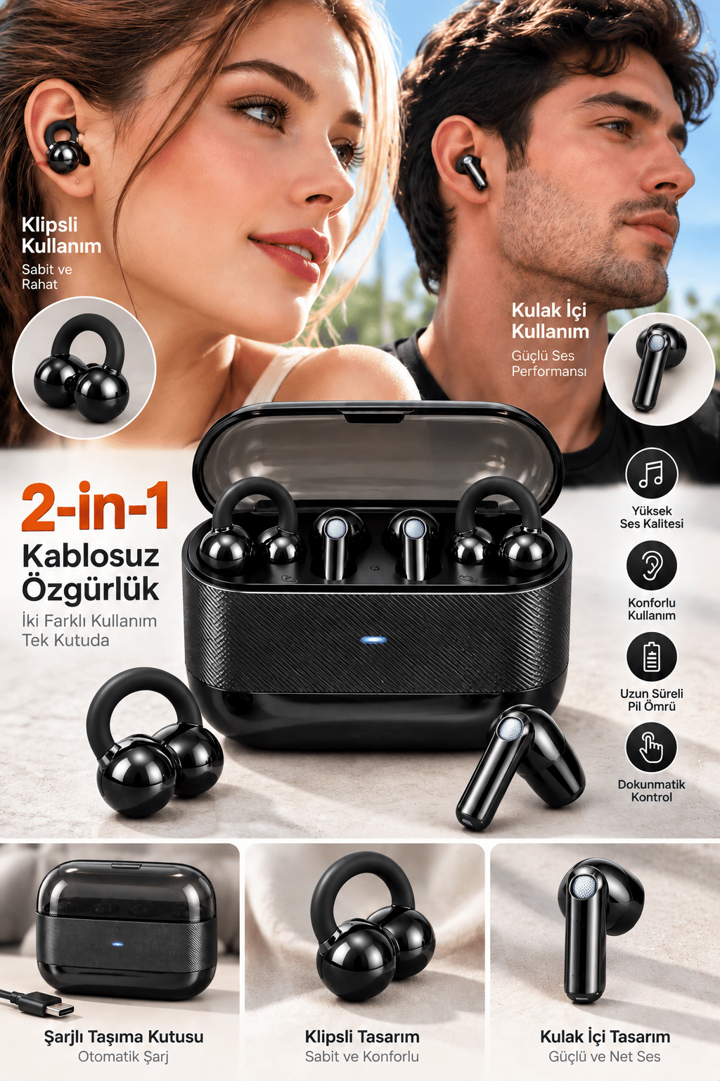 4 Kulaklıklı 2’si 1 Arada Kablosuz Bluetooth Kulaklık Klipsli Kulak İçi Siyah
