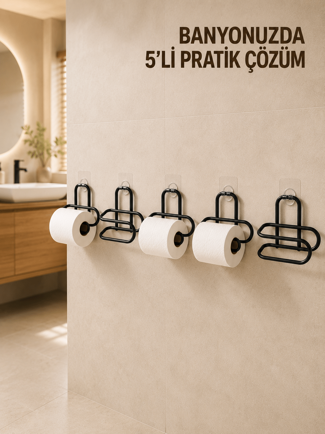 5 Adet Duvara Yapışkanlı WC Kağıtlık Delmeden Montaj Siyah Metal Tuvalet Kağıdı Askısı