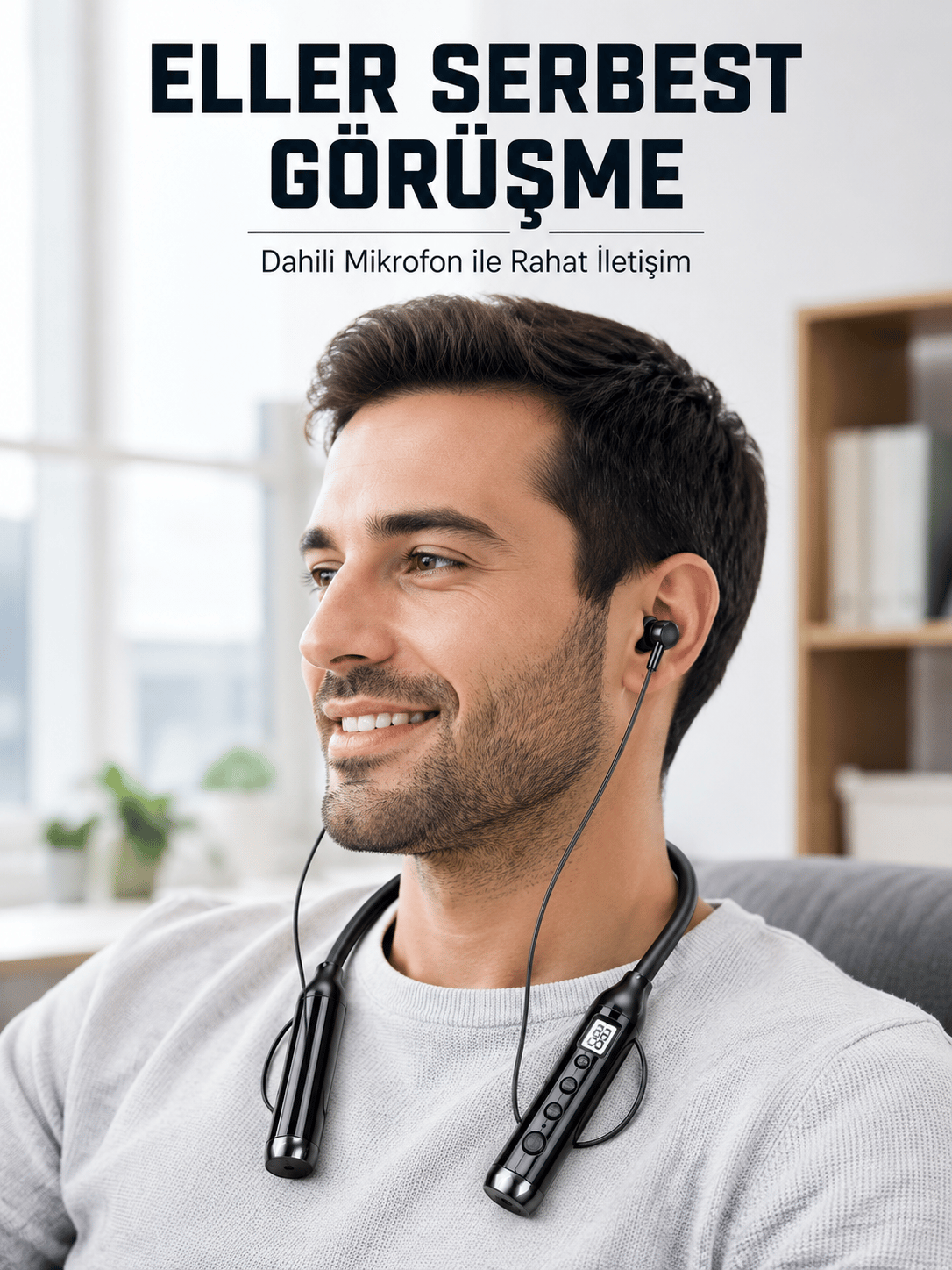 600 Saat Kullanım Süreli Boyun Tipi Bluetooth Kulaklık Mikrofonlu Dijital Göstergeli Kablosuz Kulak İçi Kulaklık