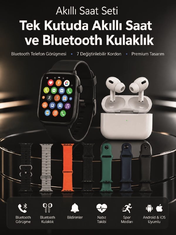7 Kordonlu Akıllı Saat ve Bluetooth Kulaklık Seti Nabız Takibi, Bildirimler ve Spor Modları